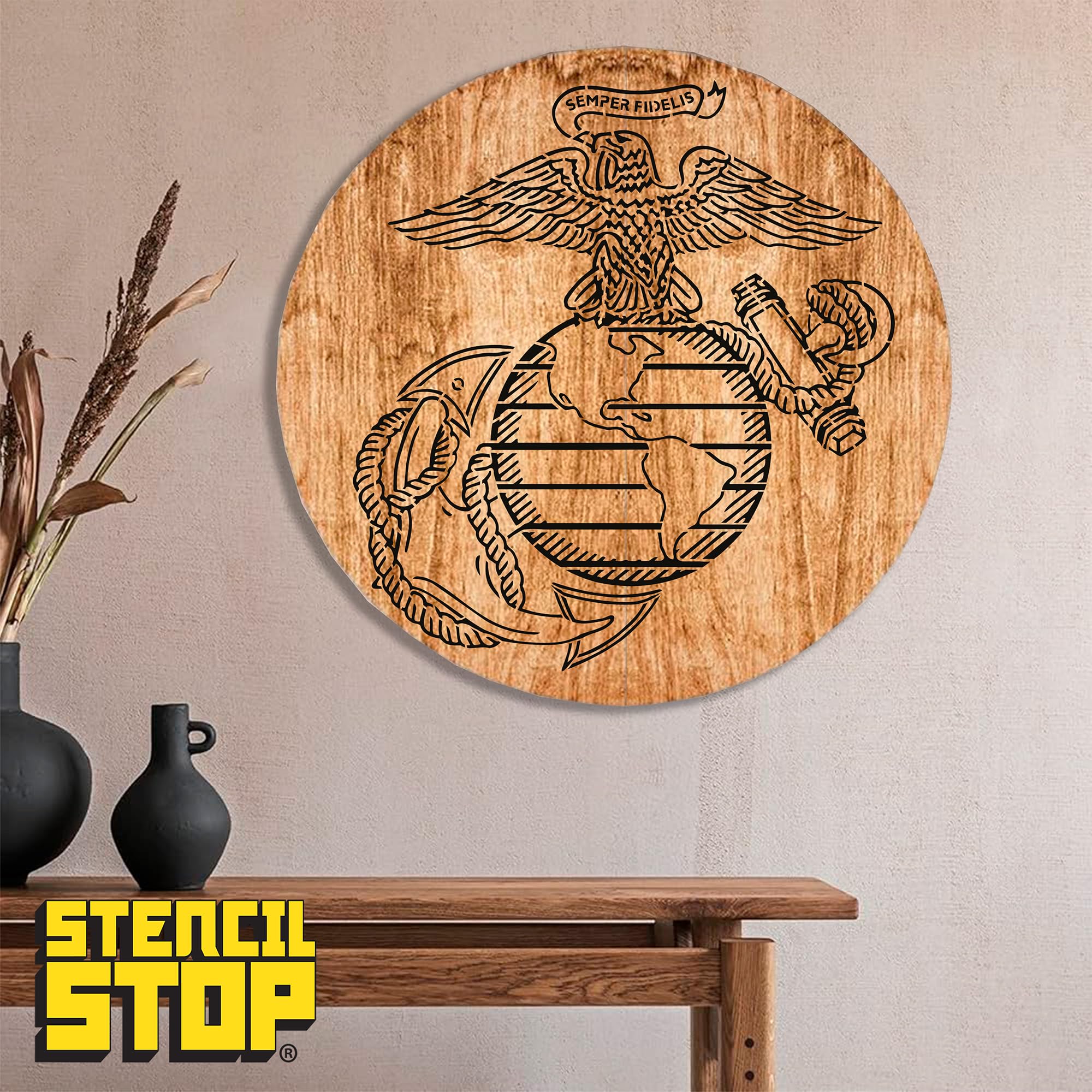Stencil Stop Semper Fidelis Szablon z logo, wielokrotnego użytku, do projektów DIY, malowania, rysowania, rzemiosła, 14 mil, tworzywo sztuczne mylarowe (56 x 61 cm)