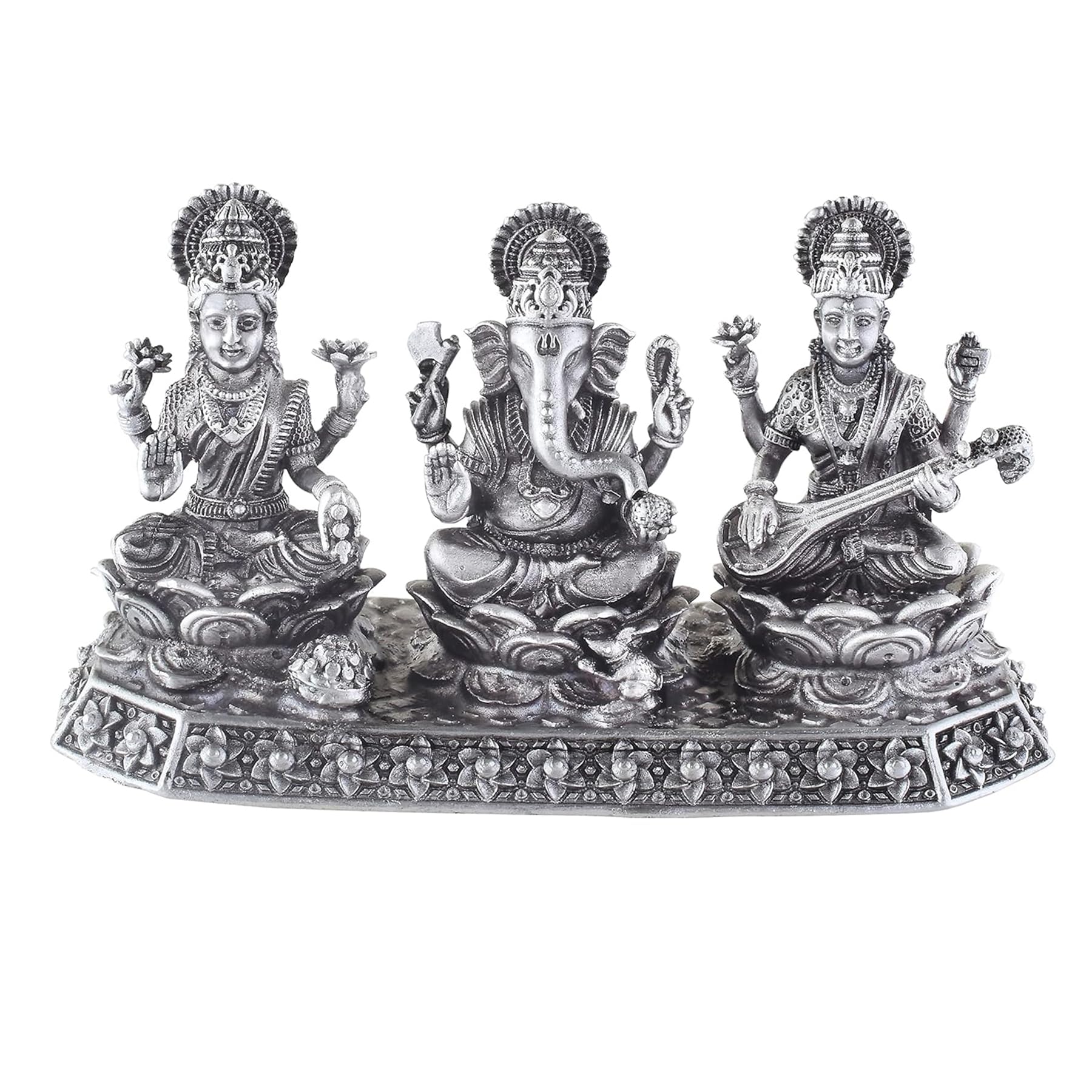 BSJ_Shine with US 3 Combo Statue Lakshmi, Ganapathi, Saraswati - 3 Pc - 100% 925 Hallmarked Pure Silver | Handcrafted Item Showpiece | Idol for Desk, Car, and Home Décor (Silver)