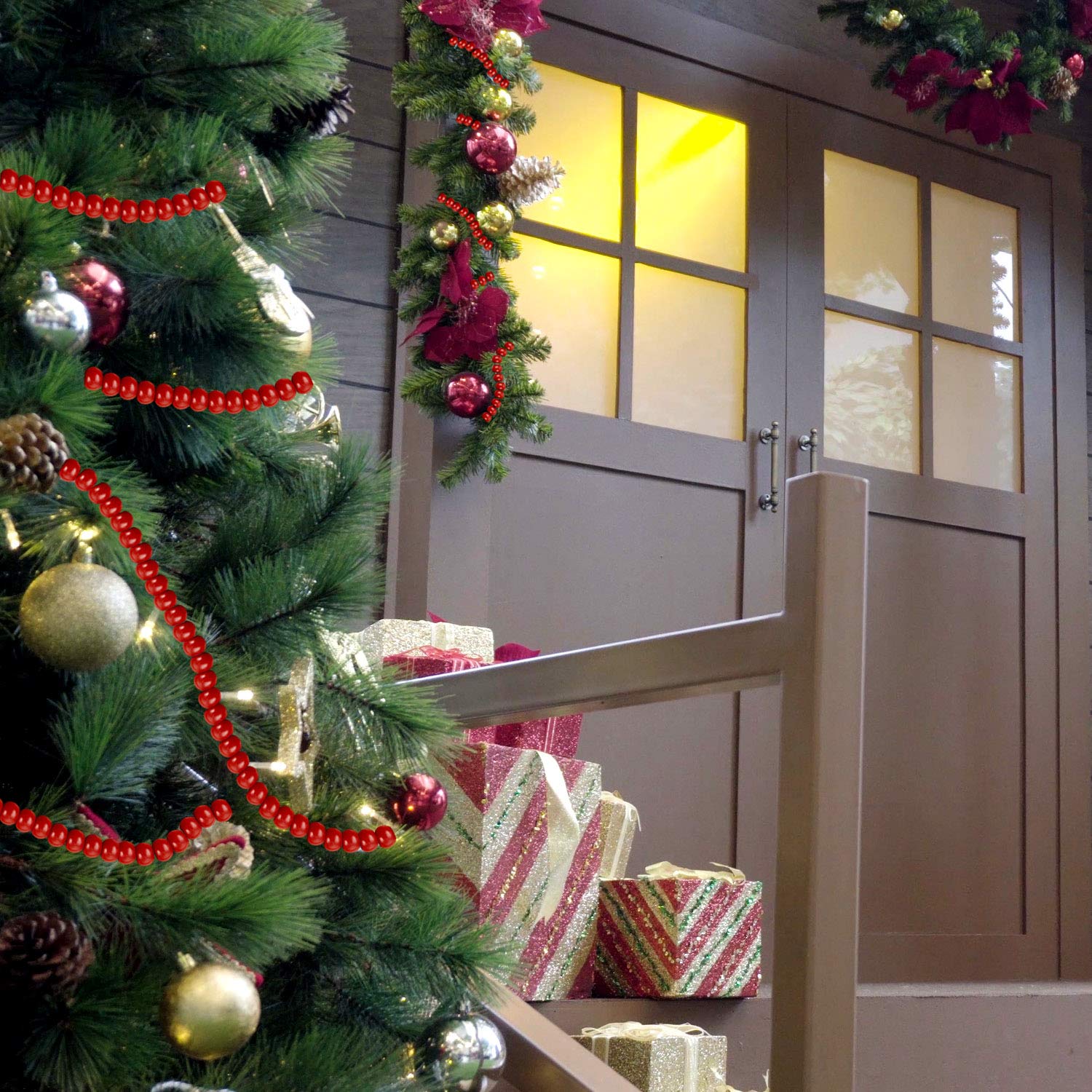 Guirnalda de Cuentas de Madera Guirnalda de Cuentas Redondas Rojas Decoraciones Navideñas Fiestas Navidad (Borgoña, 2 Piezas)