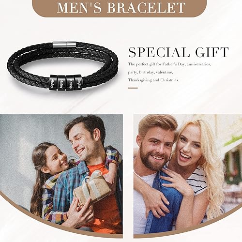 Miniatura 3 de REMFACIO Custom Mens Leather Bracelets Personalized Name Engraved Bracelets Leather Braid Bracelet Gifts for Dad Husband Grandpa Boyfriends 1-6 Names