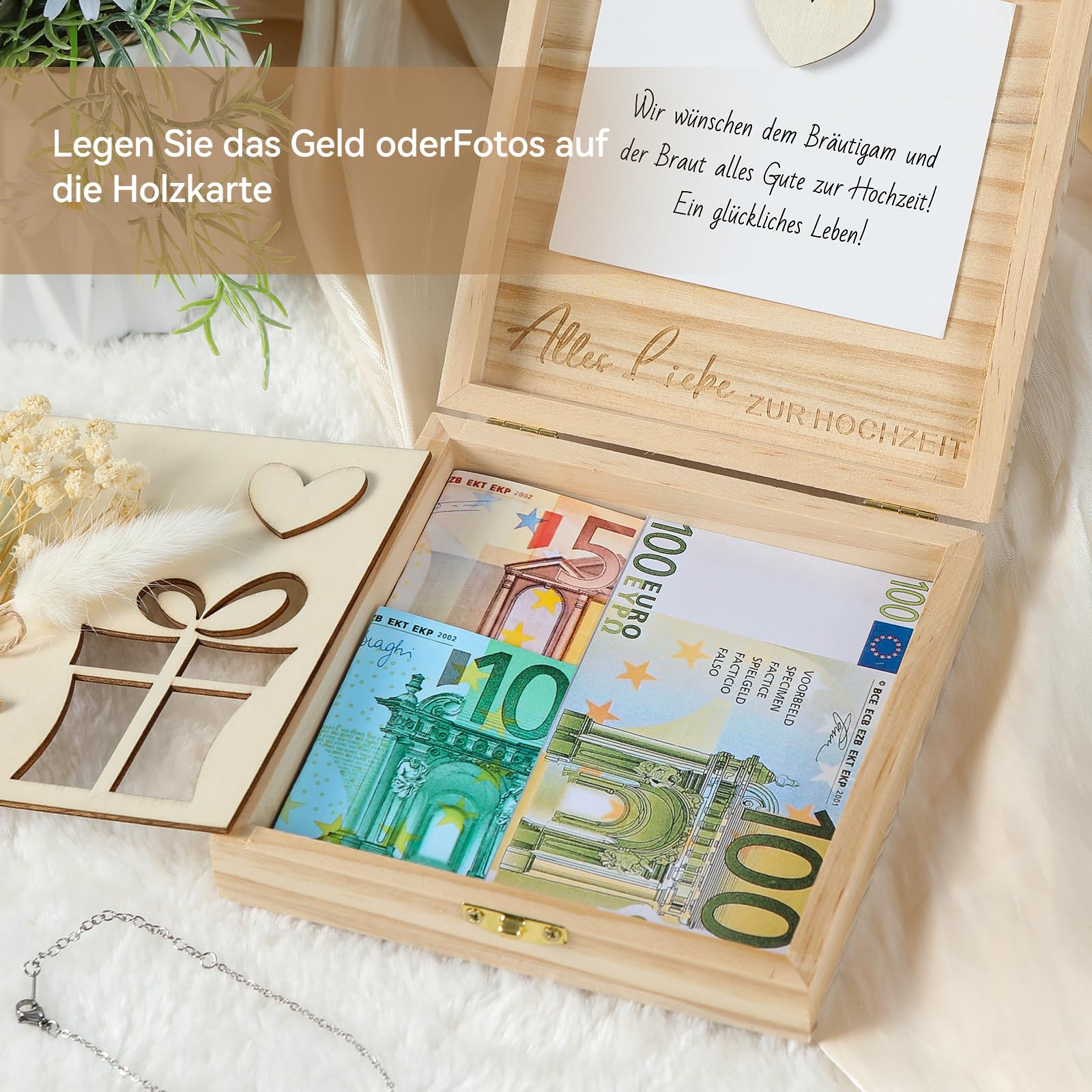 Geldgeschenk Hochzeit Holz, Geldgeschenke zur Hochzeit, Hochzeitsgeschenk Geld, mit Hochzeitskarte Trockenblumen, Hochzeitsgeschenke für Brautpaar, mit Herzförmiges Armband,14 x 14 x 3,5 cm