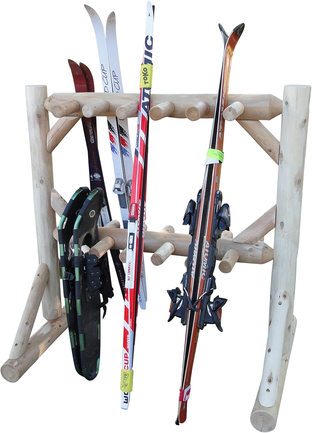 11-Place Freestanding Log Ski Rack Holder, Indoor & Outdoor Snowboard Racks, Standing Storage, Durable Snowboard Rack Garage Storage Organizer - Unfinished + 15" Anchor Kit