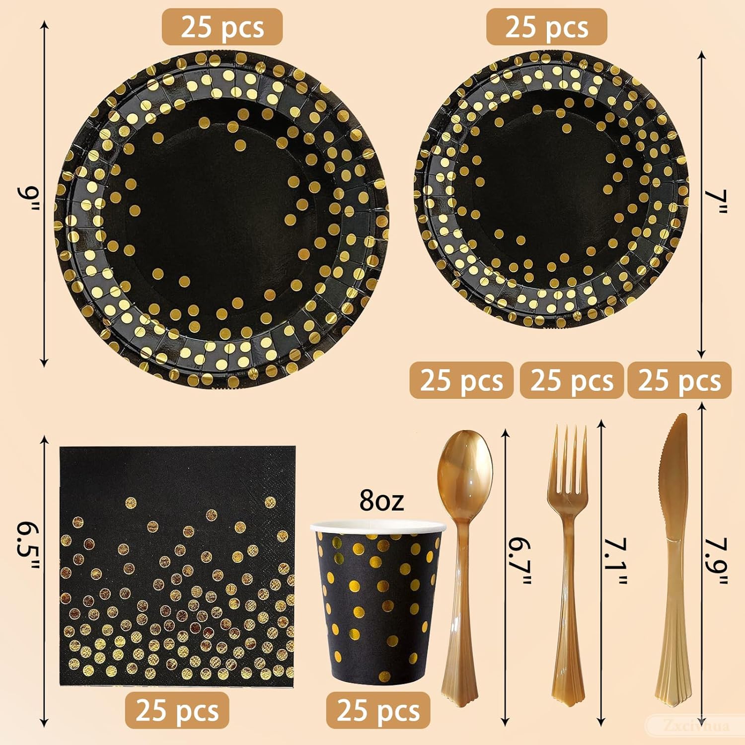 Black and Gold Graduation Party Supplies，Disposable Dinnerware Set, Paper Plates Napkins Cups Forks Knives Spoons, For Graduation Party, Birthday, Wedding，Serves 25, 23.5*12*23.5