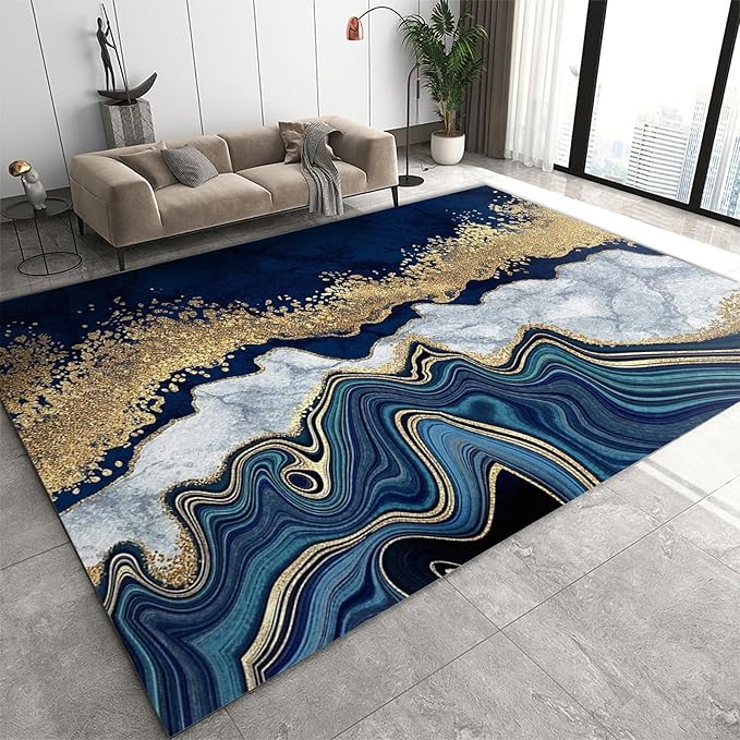 Navy Blue Marble Area Rug, Luxury Gold Powder Rugs for
