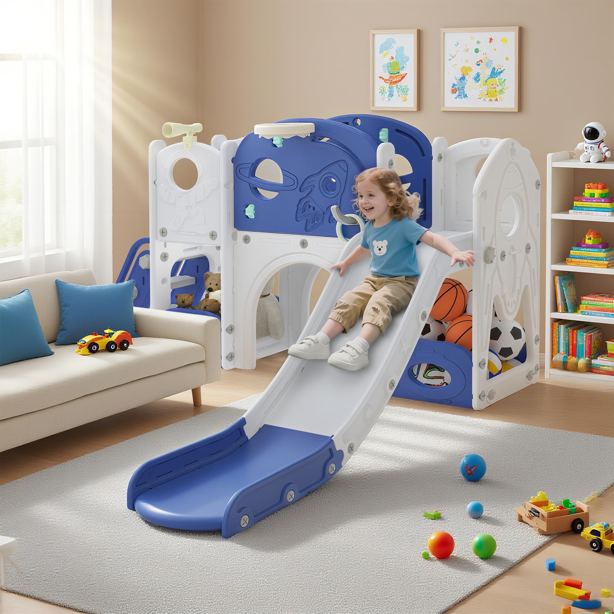 Aufun 5-in-1 Kinderrutsche für Kleinkinder, Multifunktionales Spielset mit Rutsche, Basketballkorb, Tunnel, Stauraum, Kletterleiter, Werkzeugfreie Montage, Stabil Freistehenderutsche Spielzeug