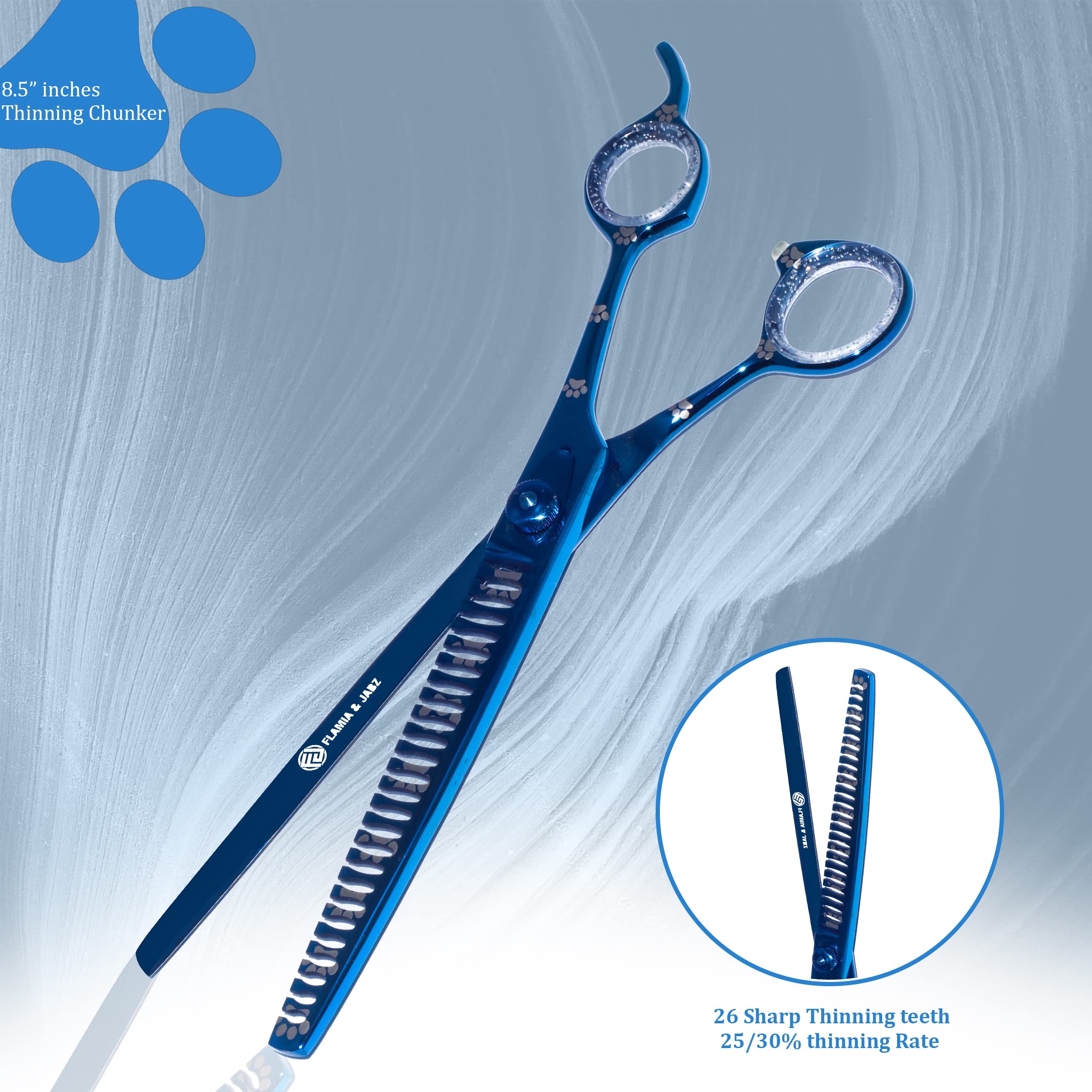 Set di forbici professionali per la toelettatura del cane, dritte, curve, diluenti/frullatore e chunker con impronte di zampe per cani, blu, acciaio inossidabile 20.5 cm)
