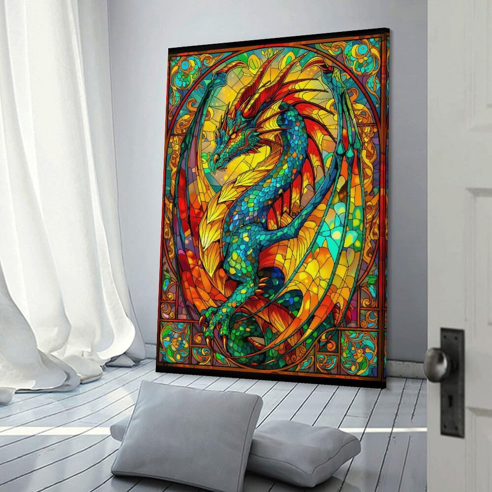Junmoney Frame-Style-5 Decorative Wall Artwork Stained Glass Dragon, 12X18inch(30X45cm), For Contemporary Homes, Apartments Or Offices, An Easy Choice For New Home Styling