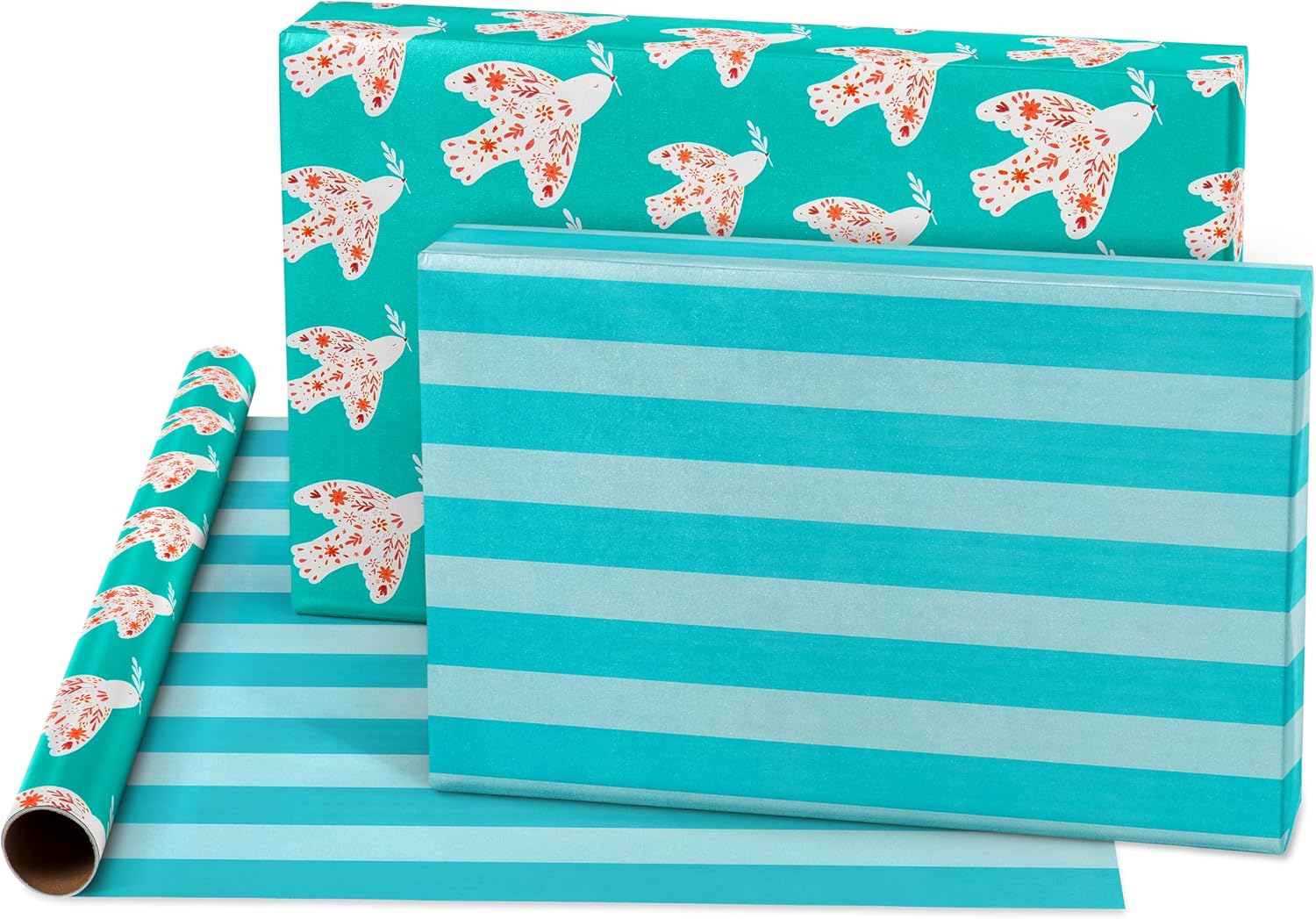 American Greetings 160 sq. ft. Reversible Religious Wrapping Paper Bundle for Weddings, First Communions and Baptisms - Designed by Kathy Davis, Religious Cross, Doves and Stripes (4 Rolls, 30 in. x 16 ft.)