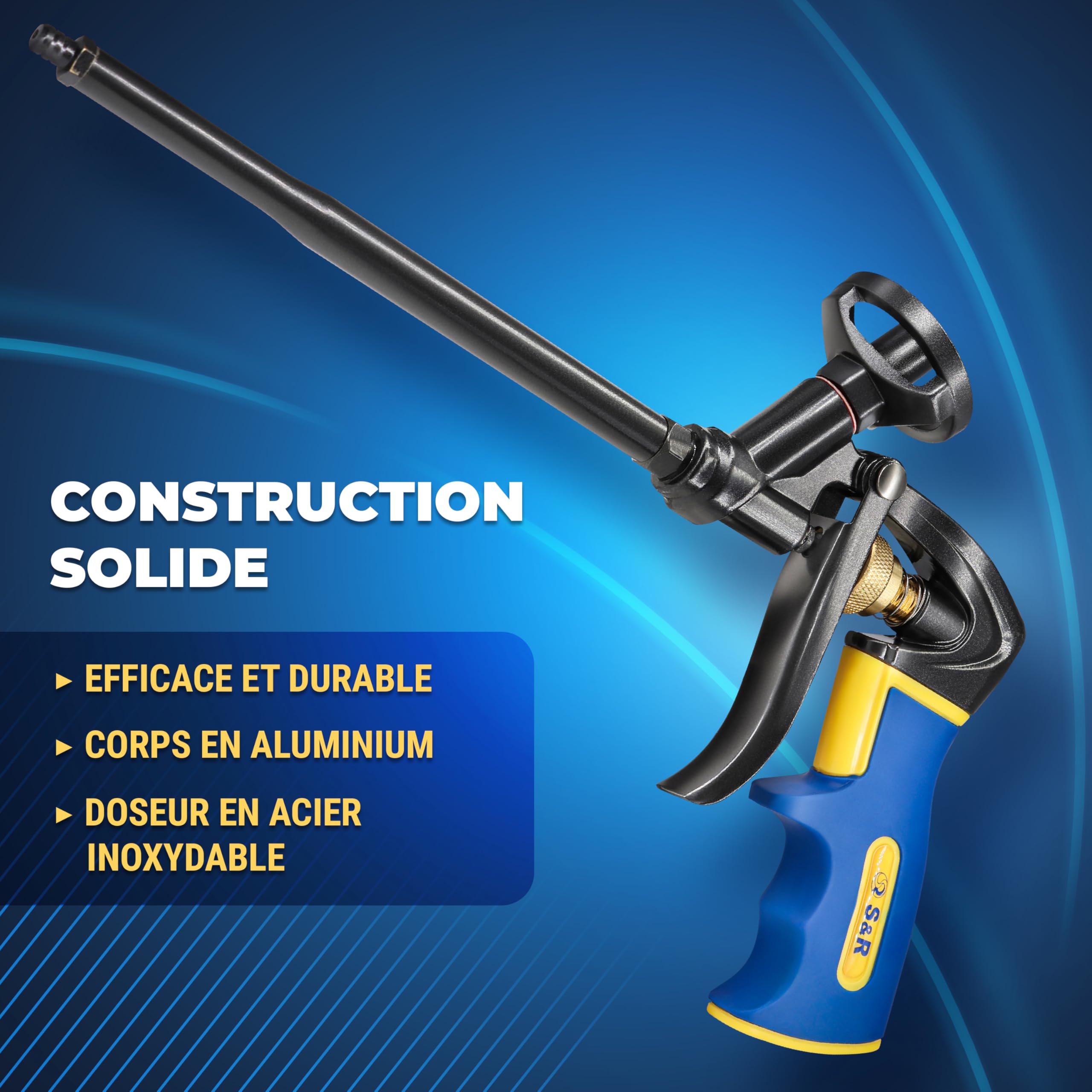 S&R Pistolet à Mousse Expansive Polyuréthane Pistolet à Calfeutrer Professionnel avec sortie mousse réglable et précise. Pistolet en Teflon pour Cartouche et Canettes de Mousse