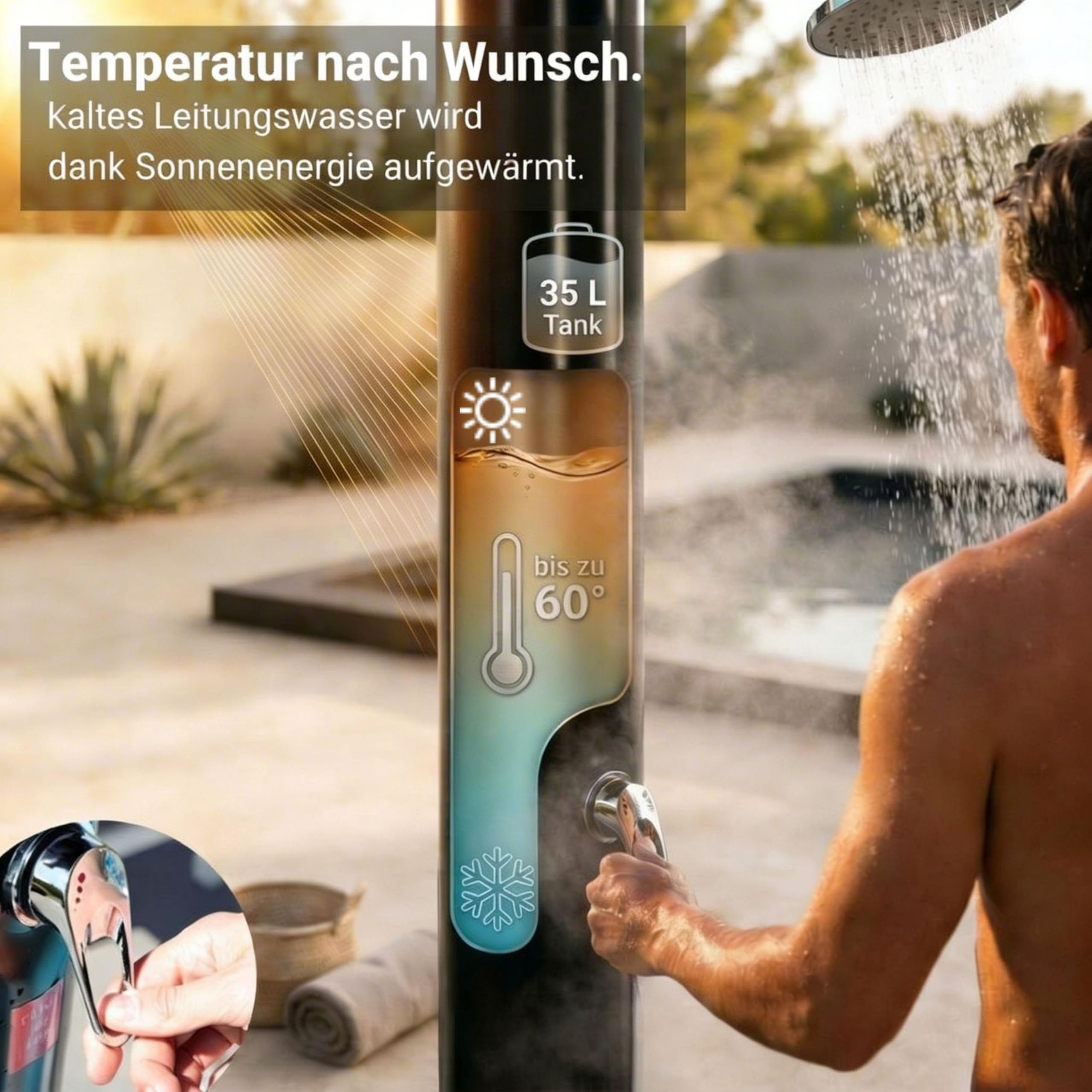 novaterra® Solardusche schwarz mit 35L Tank - Gartendusche & Campingdusche mit Bodenelement, Regenduschkopf, Fußdusche, Schutzhaube & Ablage, Solardusche Garten, Wassererwärmung bis 60°C