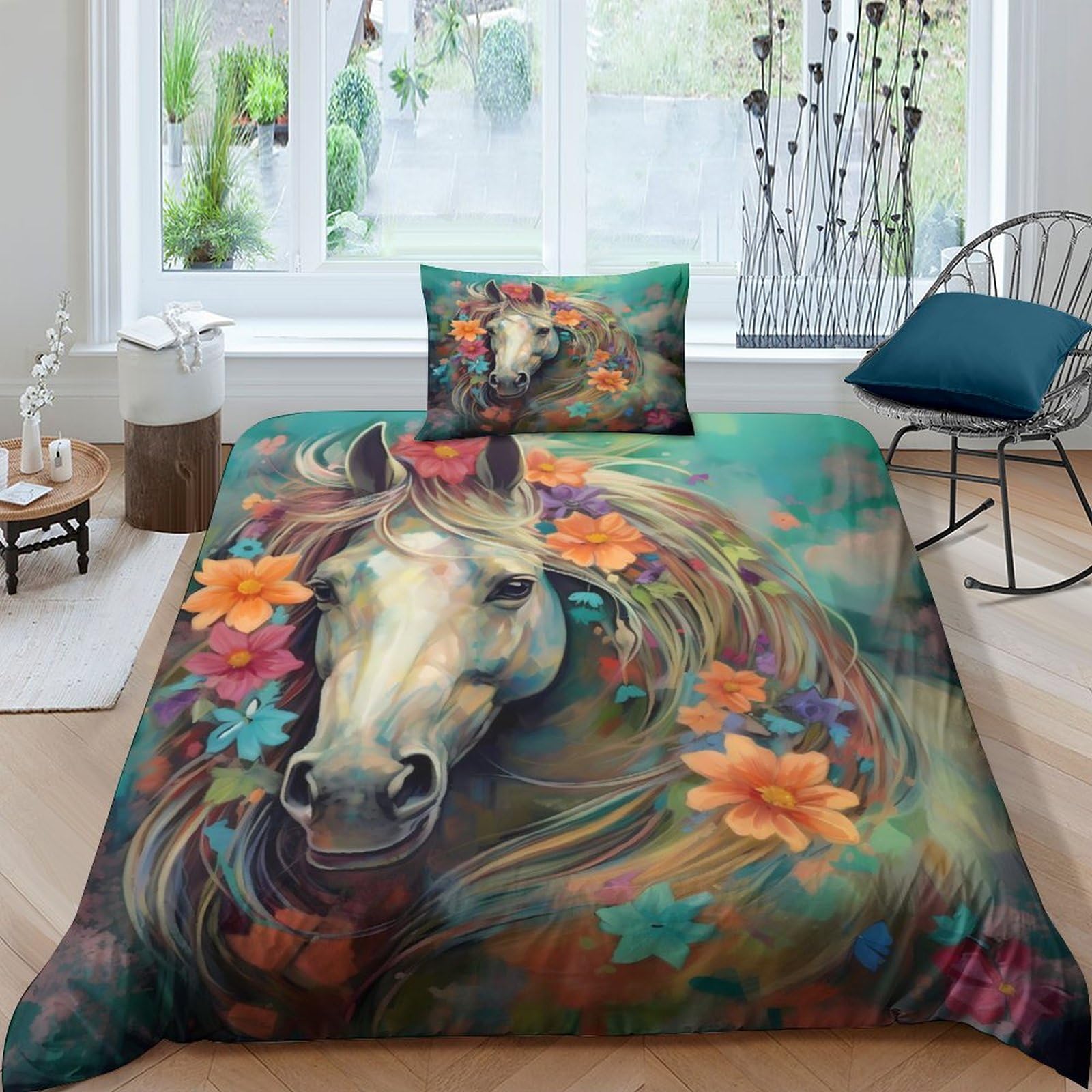 Housse de couette fleurs et chevaux 135x200 cm avec taies d'oreiller