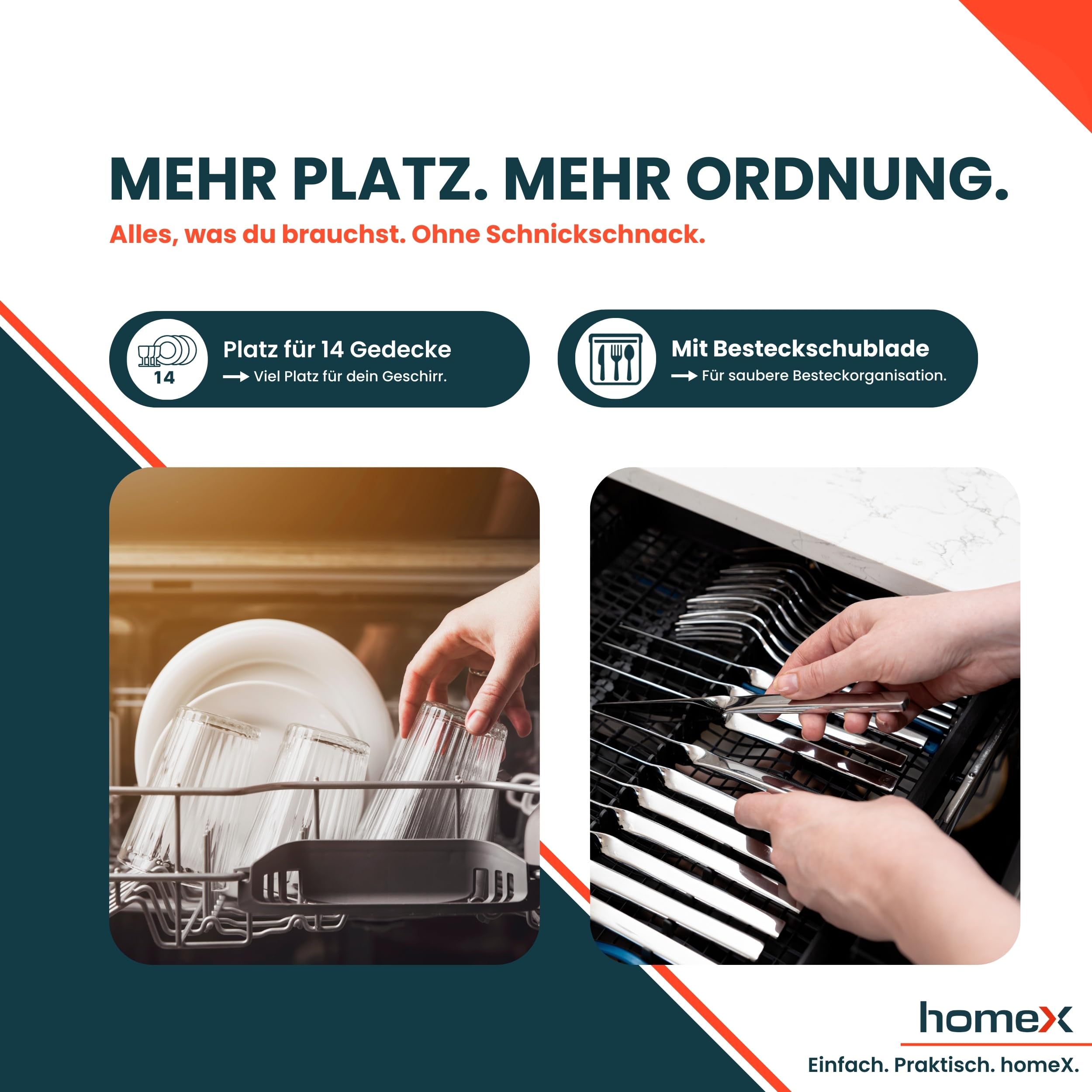 homeX Geschirrspüler 60 cm teilintegrierbar 14 Maßgedecke 7 Programme AquaStop 44 dB DWSI601444C