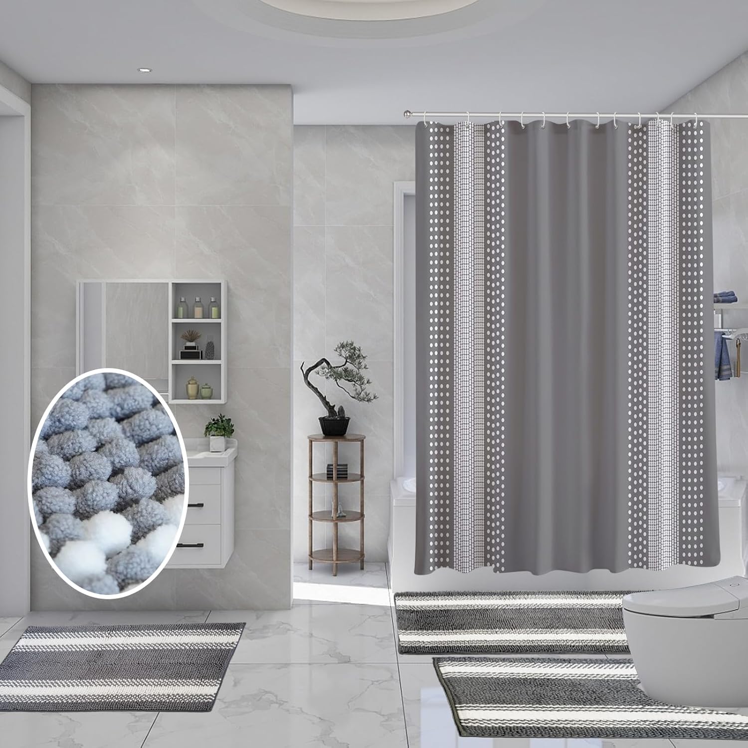 Chenille Extra Large Grey Bathroom Rugs with Shower Curtain