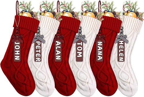XIMISHOP Paquete de 6 medias de Navidad, 18 pulgadas, grandes, personalizables, de punto, con etiquetas de nombre, para decoración familiar (rojo y