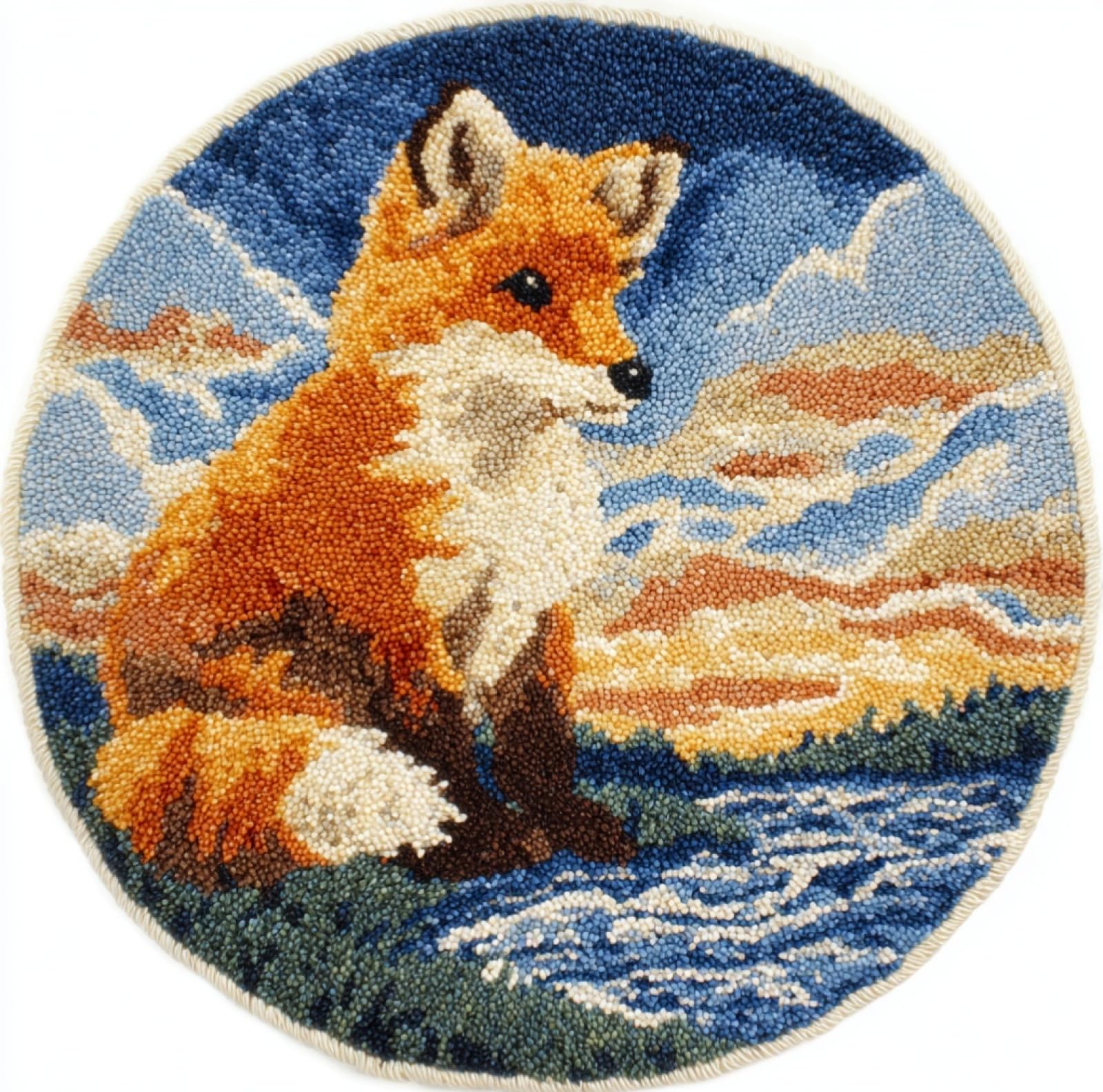 WallustrioaW Latch Hook Kits for Kids and Adults,Fox by the River,DIY Latch Hook Rug Kit,Carpet Making Crochet Needlework Crafts for Home Decor,50x50cm