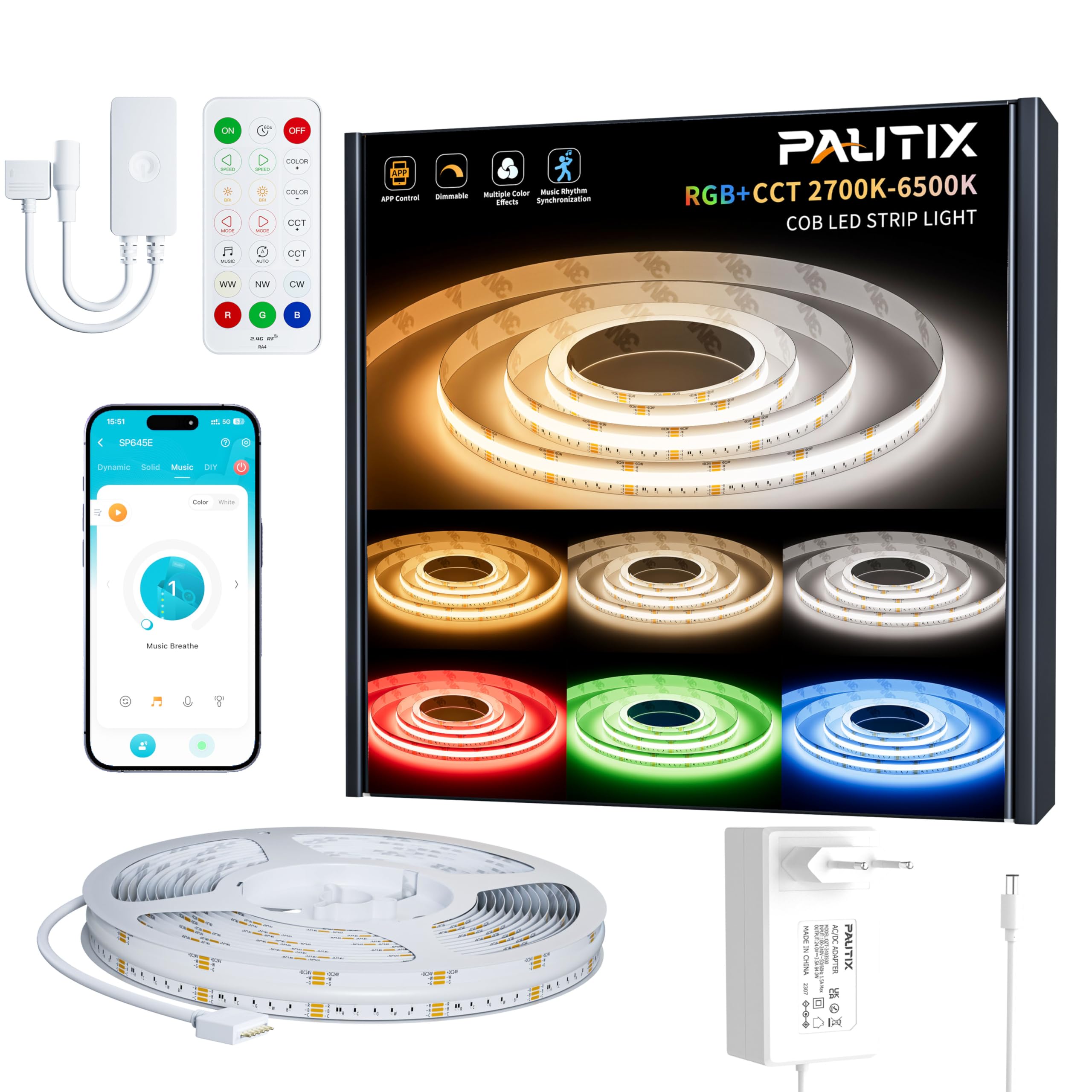 PAUTIX COB LED Streifen RGBCCT 10M,Dimmbar RGB+WW/CW 2700K-6500K Farbwechselnde Smart LED Strip Lights mit APP Control und RF Fernbedienung,24V LED Band mit Timer,Musik Modus für DIY Beleuchtung