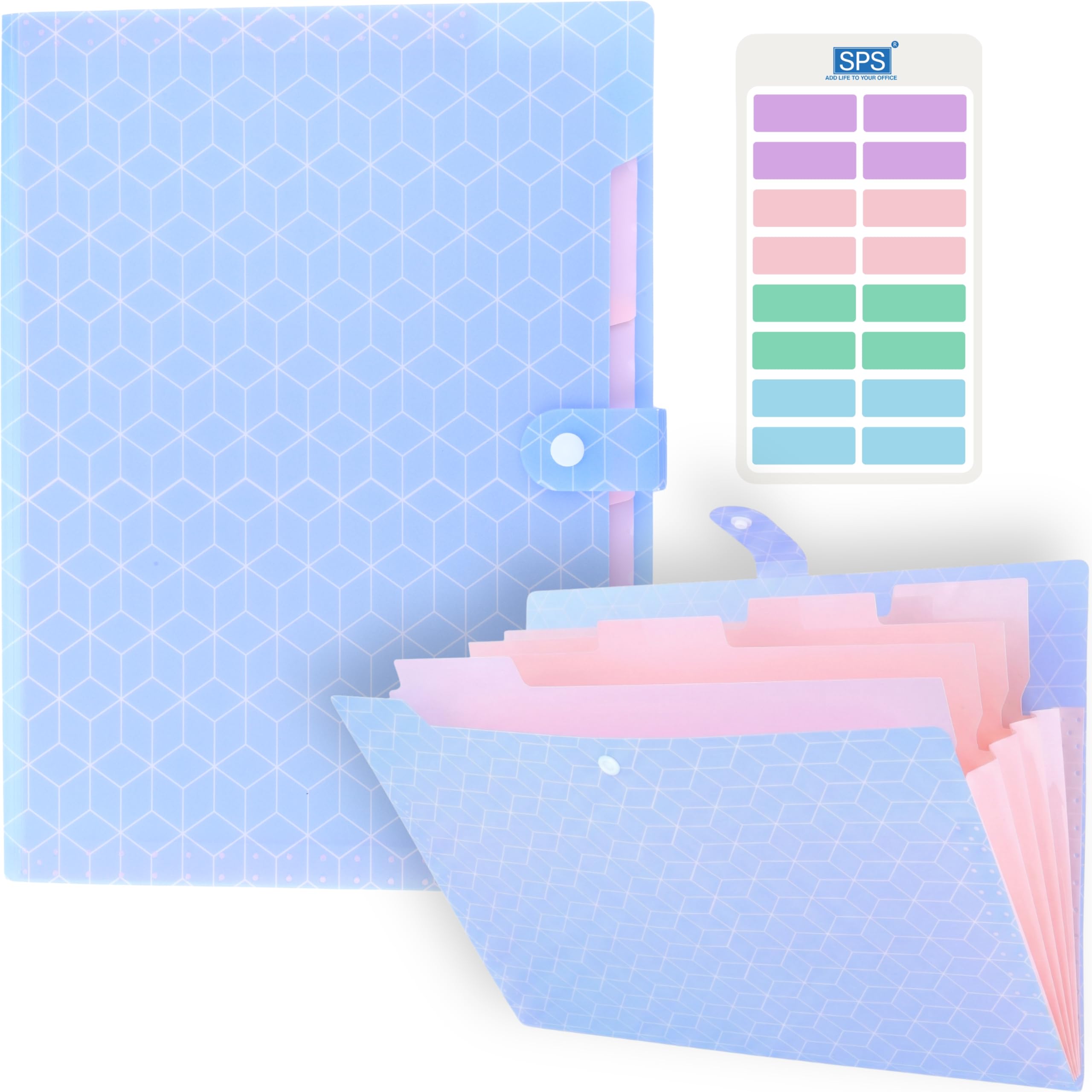 SPS 5 Pocket Expanding File Folder Aesthetic Design - Fits A4 & Letter Size Document Organizer, Accordion File Folders, File for Office, Portable File Organizer, School & Home - Ice Blue Honeycomb