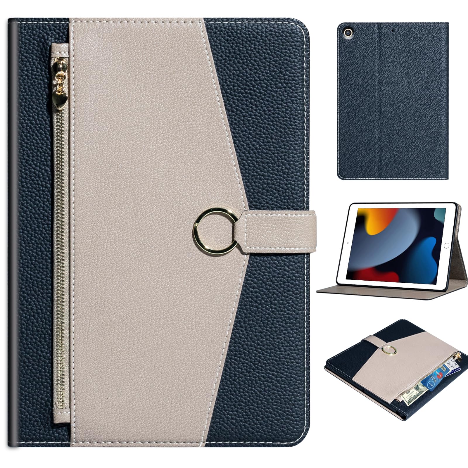 XFYKJIN Case for IPad 10.2 Inch,9th/8th/7th Generation(2021/2020/2019) Leather Cover Auto Sleep/Wake with Adjustable Stand, with Pocket,with Buckle,Anti Slip,Black with Grey