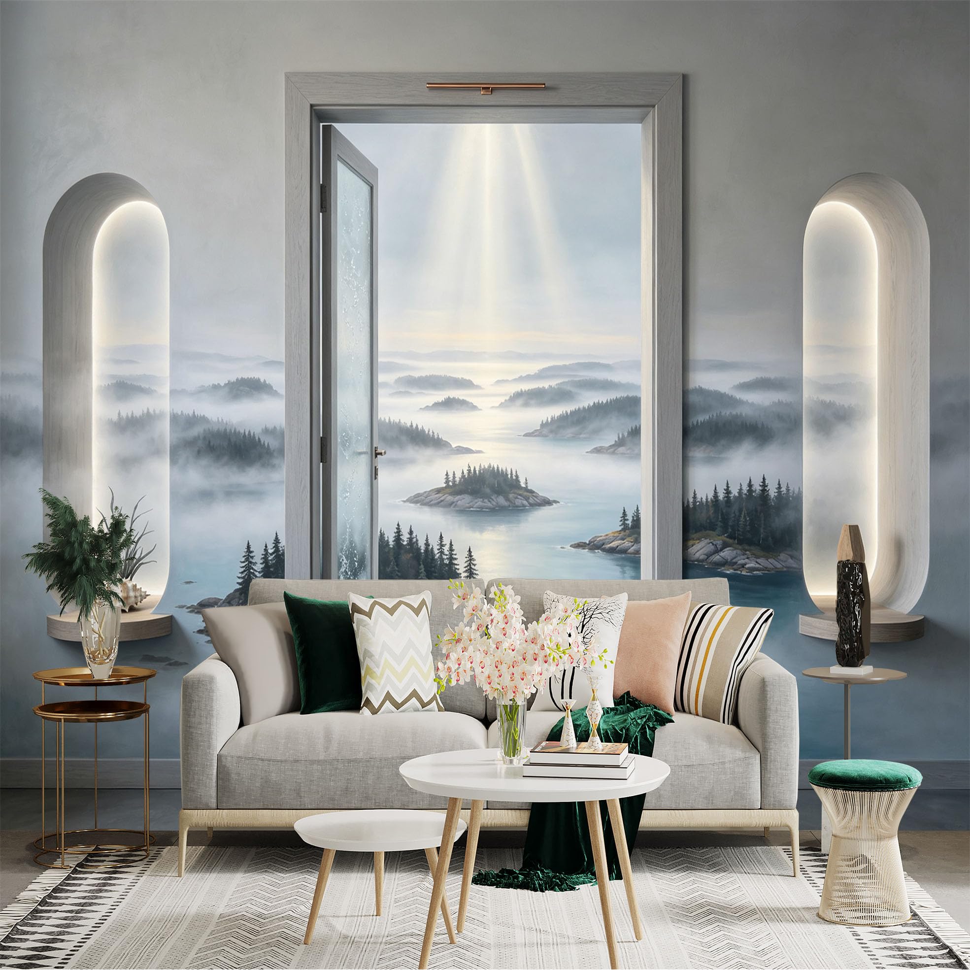 Custom Size Wall Sticker Mural， Misty Lake Islands and Open Door Landscape， Nordic Scenic Wall Art， for wall Decoration， peelandstick wall Decals.