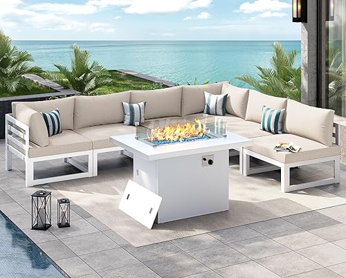 Miniatura 767 de NICESOUL 7 Piece White Powder-Coated Aluminum Patio Furniture with Fire Pit Table, 29 Inch Extra Wide Outdoor Sectional Sofa for 6, High-End Heavy