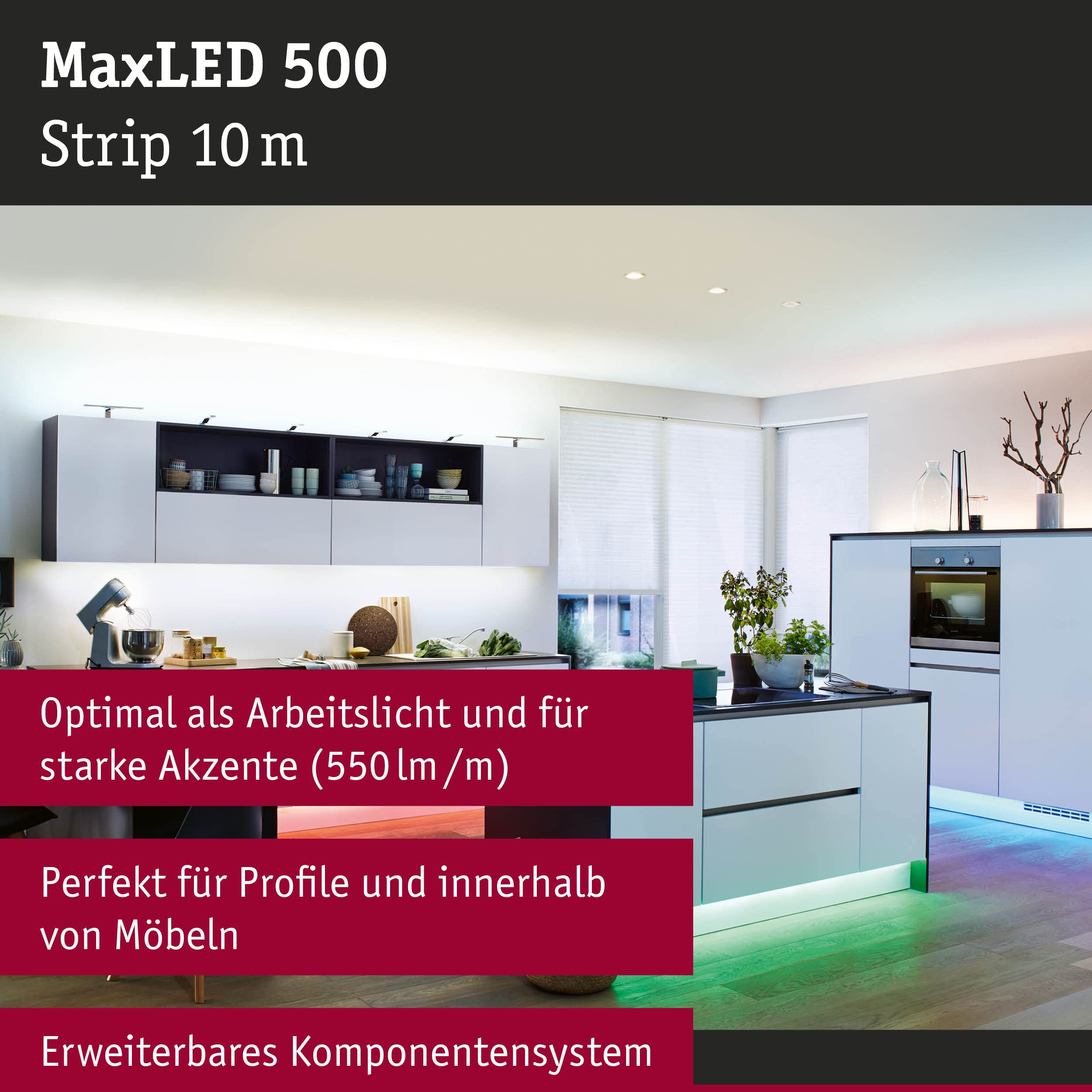 Paulmann 71044 LED Stripe MaxLED 500 RGBW inkl. Adapterkabel 10m Farbsteuerung IP20 incl. 1x72 Watt dimmbar Silber Kunststoff 3000 K