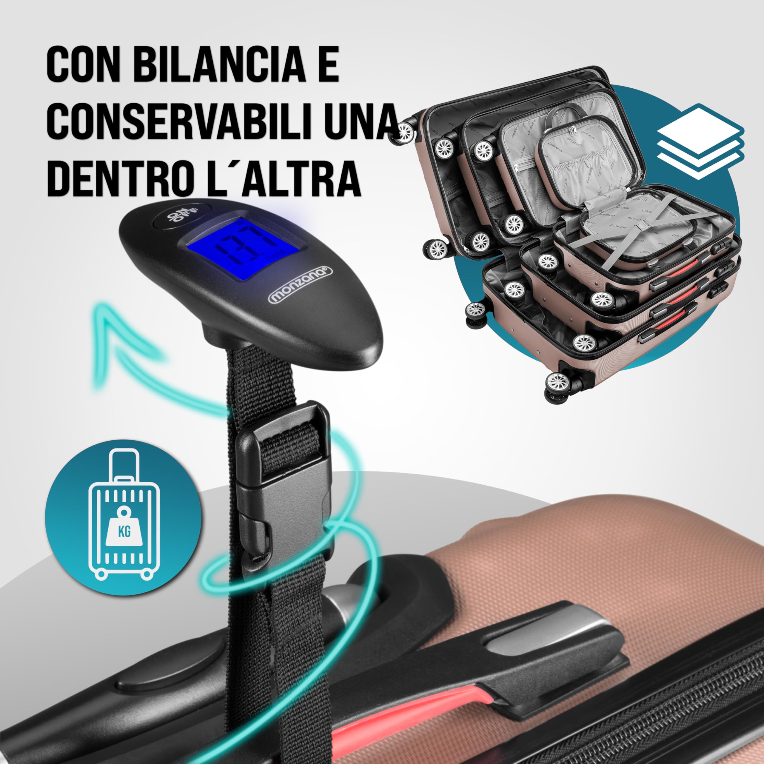 Monzana Set Valigie Rigide 4pz con Beauty Case incl. Lucchetto Organizer Bilancia Trolley Bagaglio Rosa