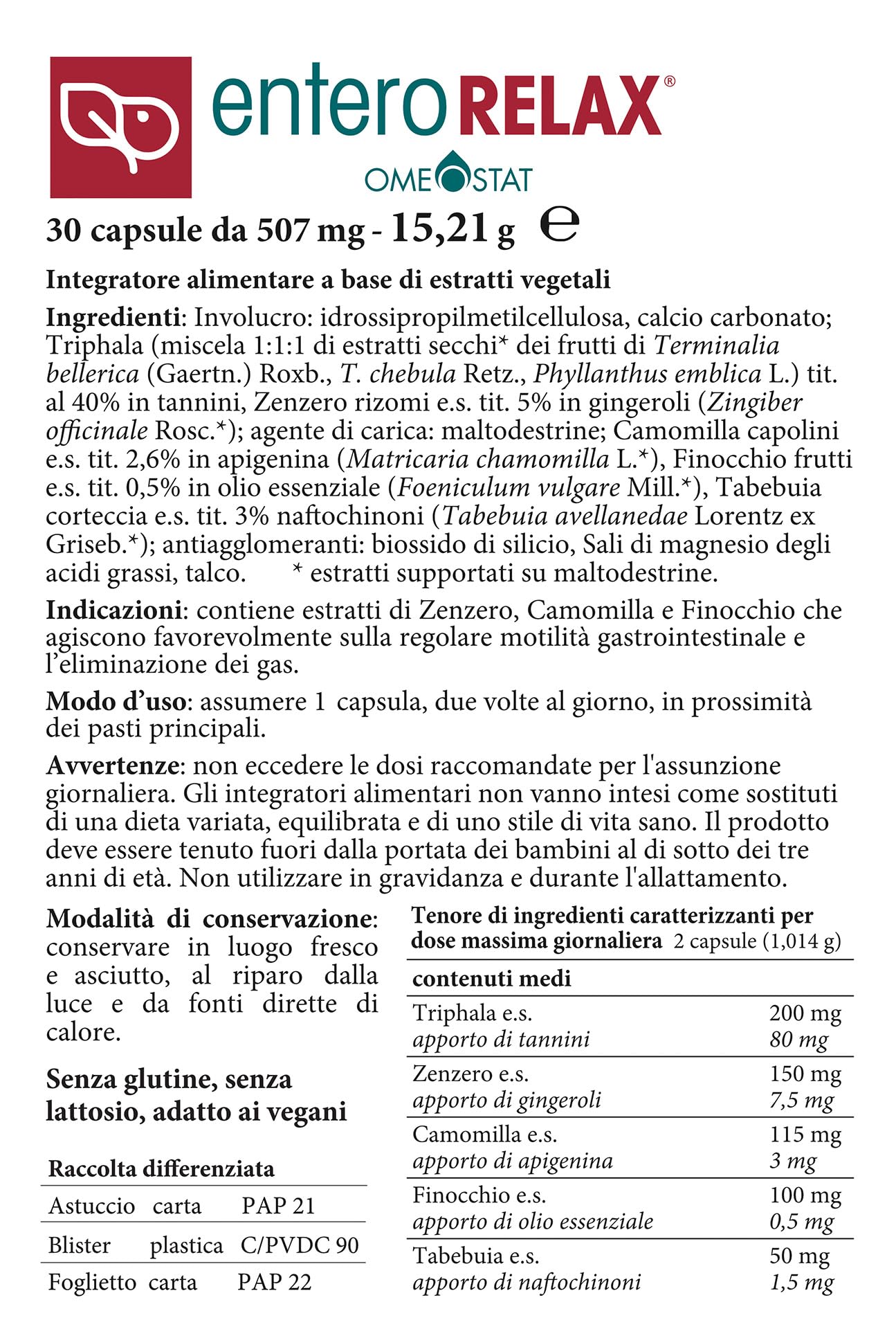 Fitomedical - Enterorelax® Omeostat®, Integratore Naturale con Zenzero, Camomilla e Finocchio per il Benessere Gastrointestinale, Senza Glutine - 30 Capsule
