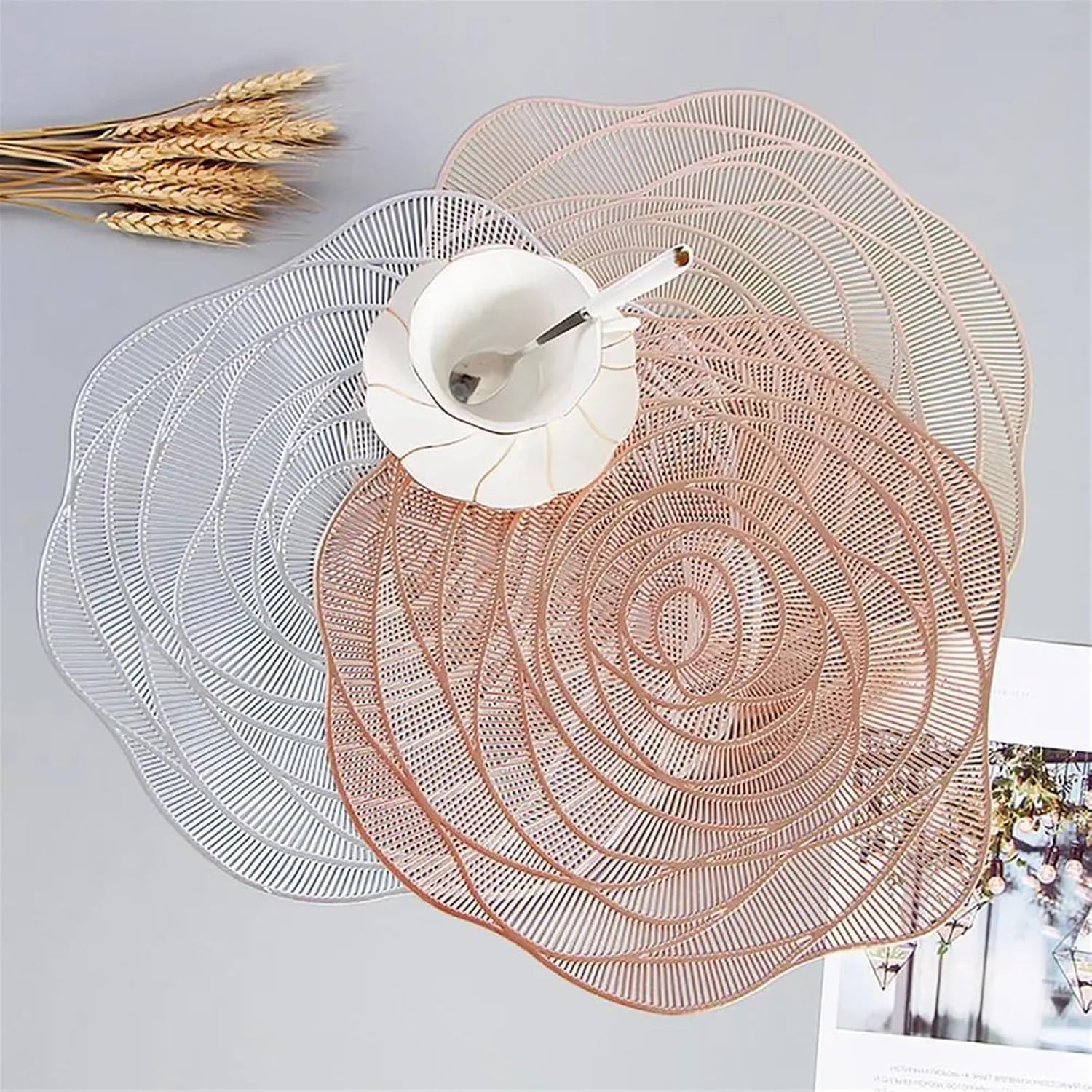 Placemat Round Rose Design Clear Texture Table Mat Heat- Non-Slip Easy to Clean Insulation Coaster Pad(Rose Gold)