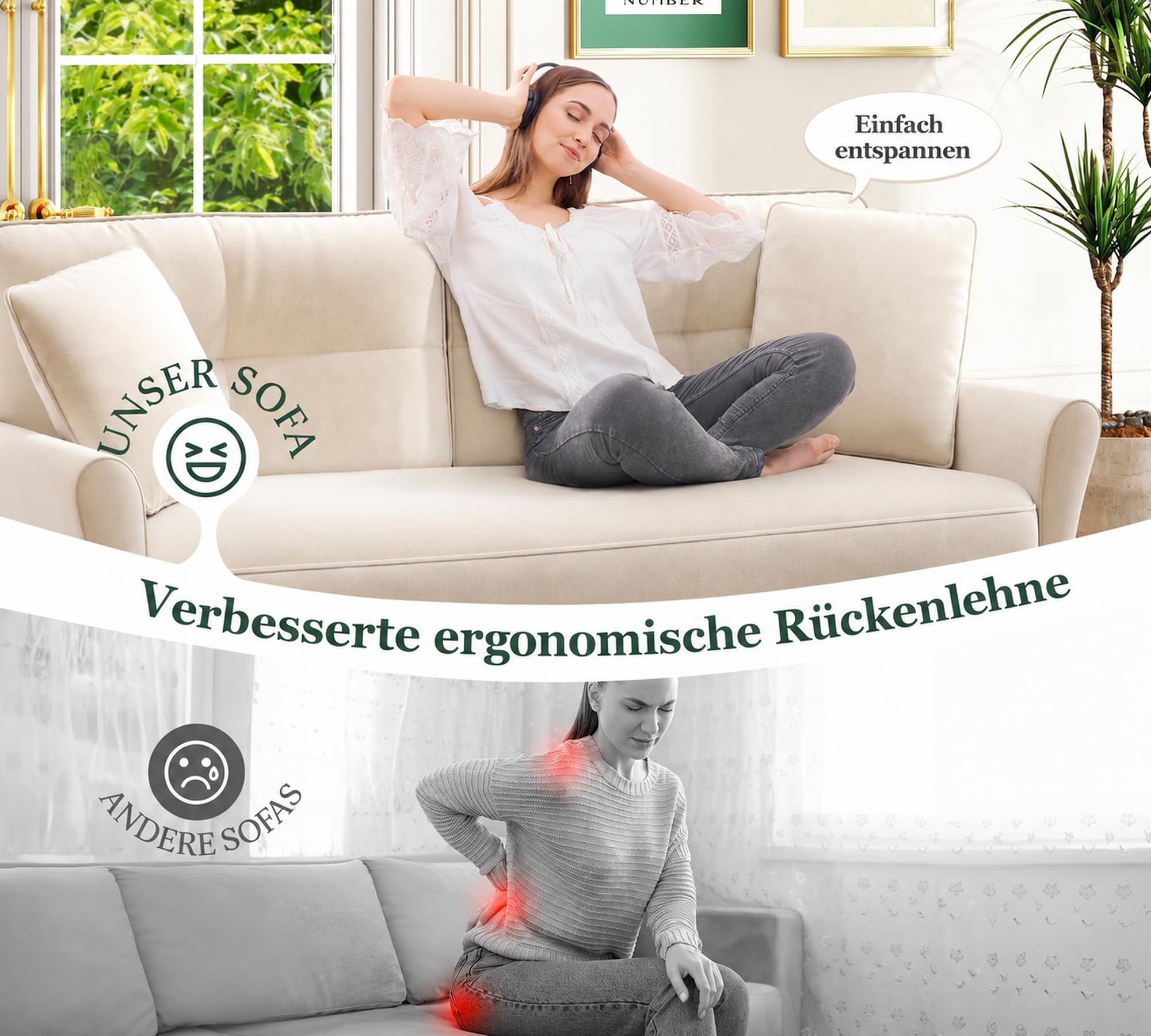 Kidirect Sofa 3 Sitzer, 174cm Großes 2er Sofa Couch, 3 Sitzer Sofa Beige