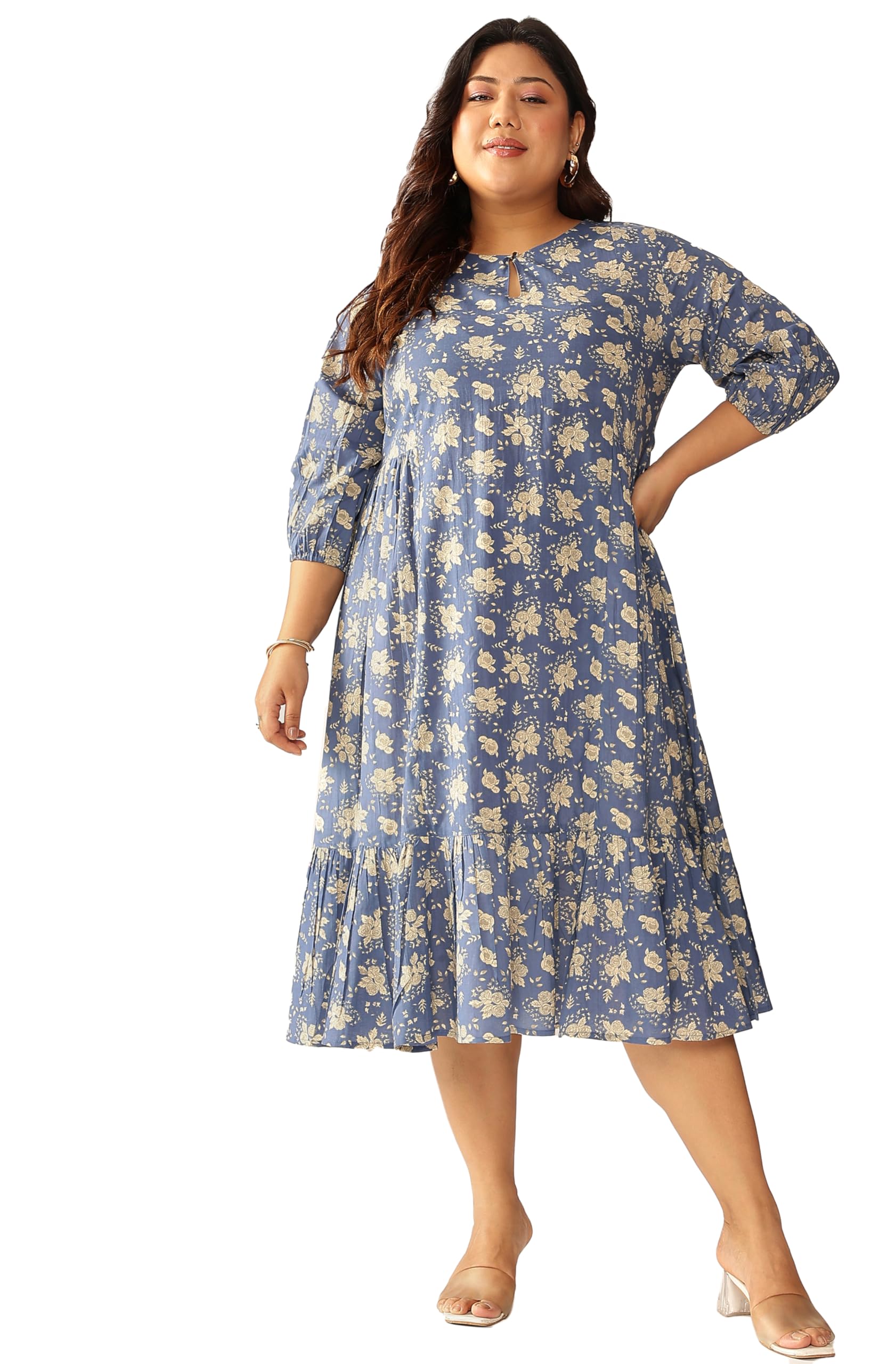 janasya Women's Plus Size Blue Pure Cotton Floral Printed Fit & Flare Dress-picture-30