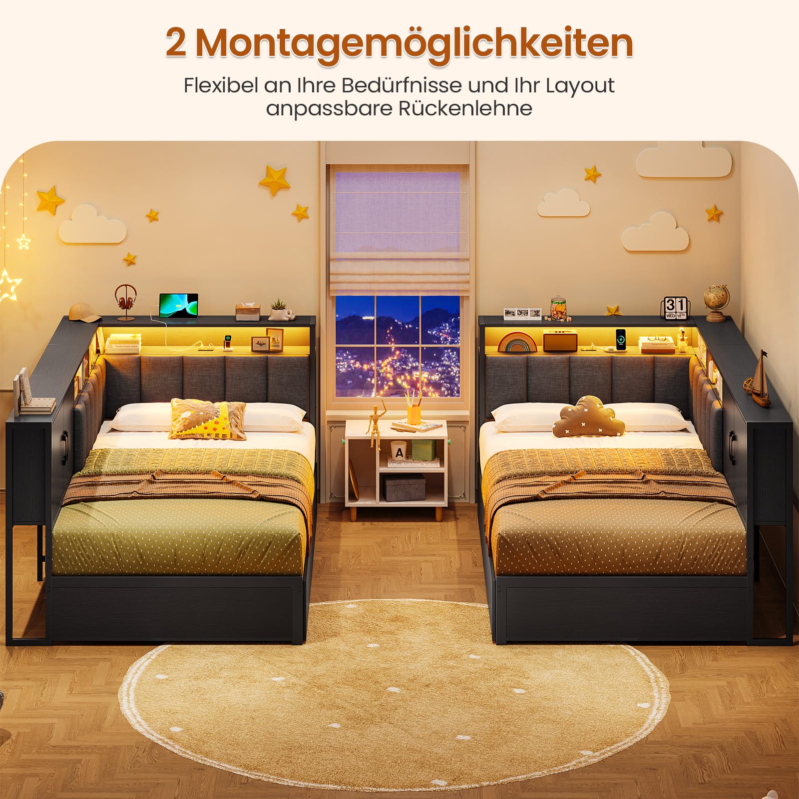 KIMENICH Polsterbett Schlafsofa 90x200 mit LED-Beleuchtung, Ladestation, Tagesbett, Jugendbett mit 2 Schubladen und Lattenrost aus Metall, Kopfteil mit Offenem Regal, Schrank, Schwarz