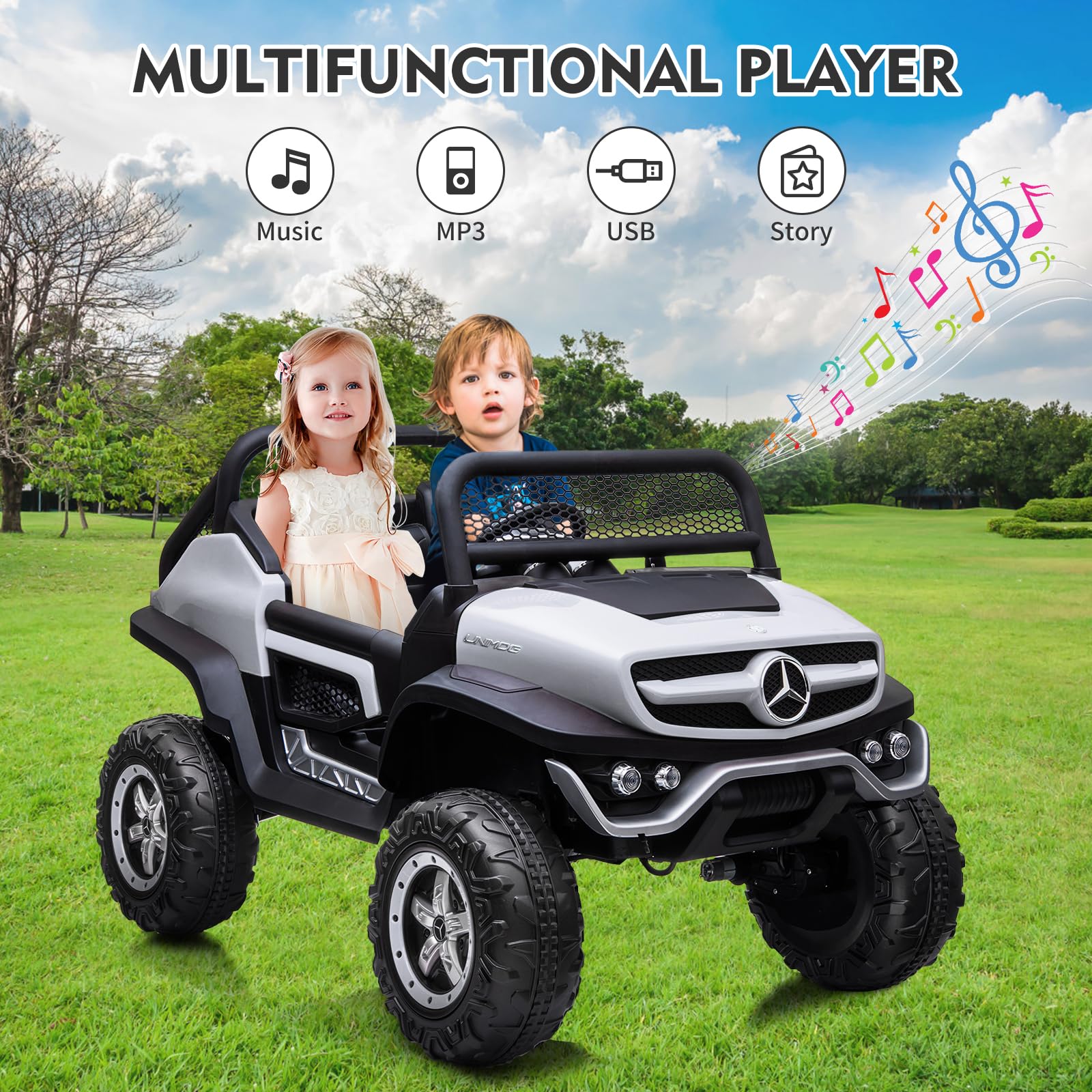 GarveeLife 24V 2 Seater Kids Ride On Truck Car Licensed Mercedes Benz Electric Ride On Toy Battery Powered Vehicle for Toddles with Remote Control, Battery Display, Trunk, Spring Suspension,