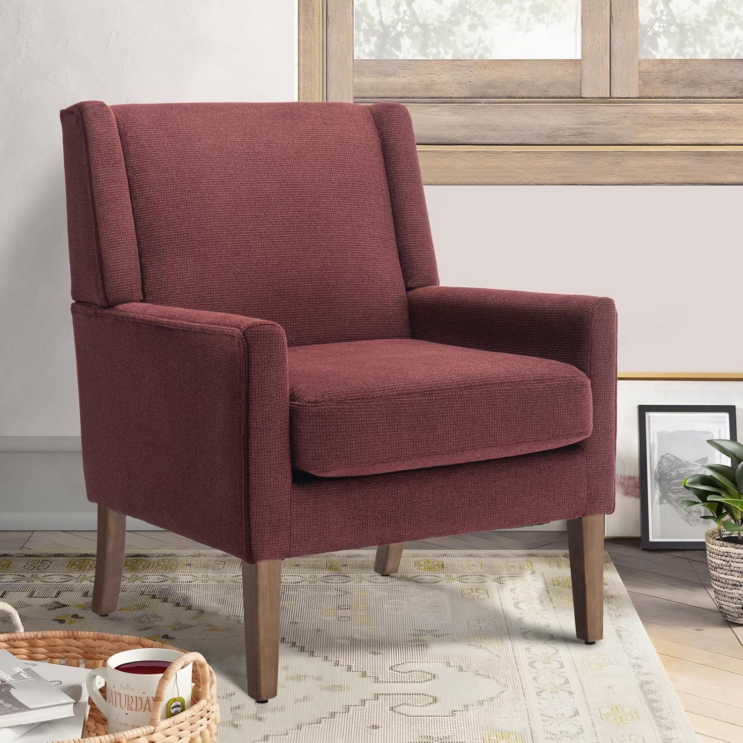 COLAMY Modern Wingback Living Room Chair, Upholstered Fabric Accent Armchair, Single Sofa Chair with Lounge Seat and Wood Legs for Office/Bedroom/Reading Spaces, Red