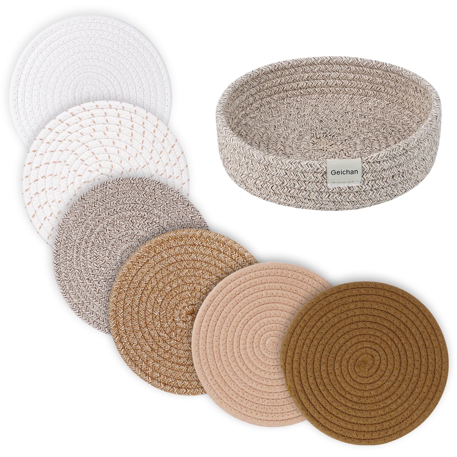 Geichan 8inch Trivets for Hot Dishes, Placemats Set of 6 with Storage Basket,Hot pots and Pans, Extra Large Thick Heat Resistant Large Coasters,Pot Holders for Kitchen (Yellow Series)