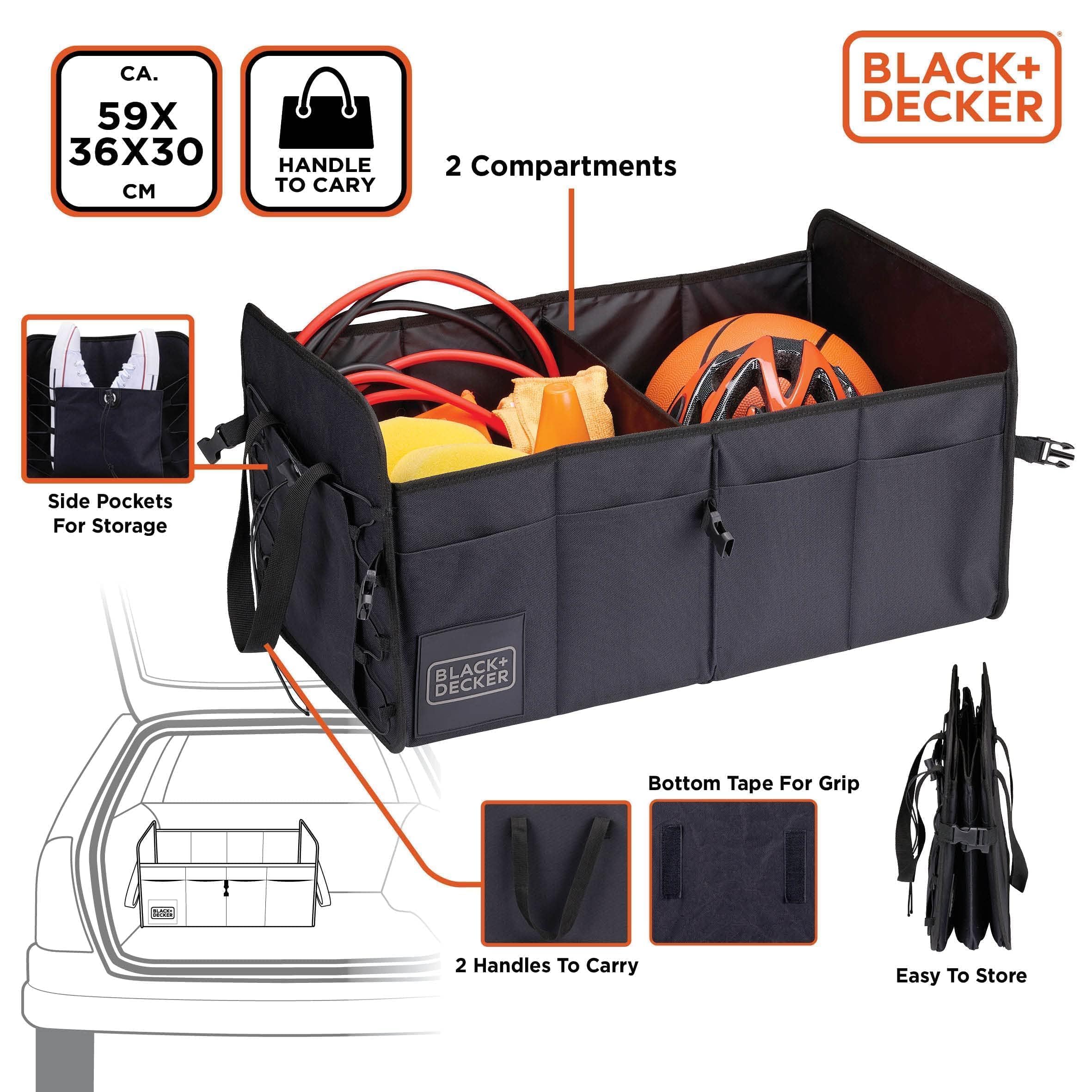 Black+Decker Trunk Storage Box – 59 x 36 x 30 cm – 2 przegródki – dodatkowe kieszenie boczne – z uchwytami – czarne