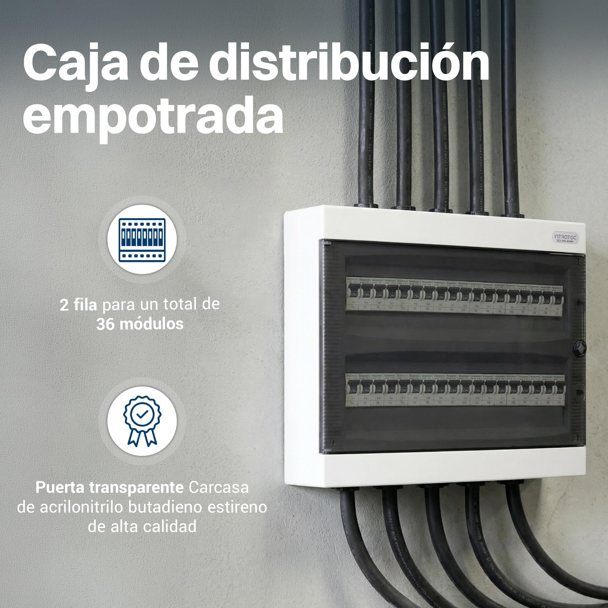 Intratec Cuadro Eléctrico de Superficie 2 Fila – IP40 Caja de Distribución para 36 Módulos con Puerta Blanca para una Instalación Fácil en Hogar y Comercio – 361 x 396 x 112 mm