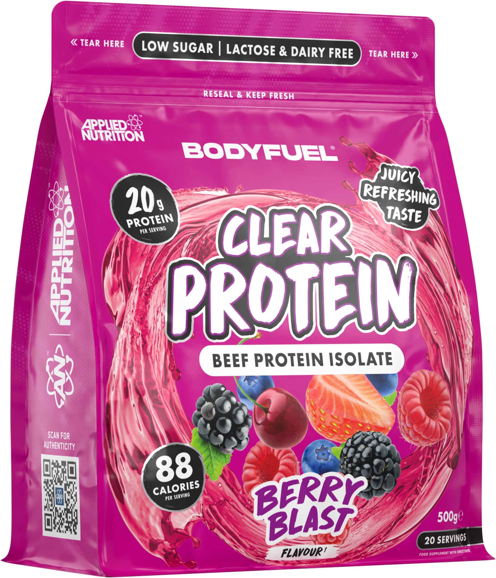 BodyFuel Clear Protein - Beef Protein Isolate - Clear & Refreshing - Best Low Sugar & Lactose-Free Protein Supplement - Muscle Support (500g - 20 Servings) (Berry Blast)