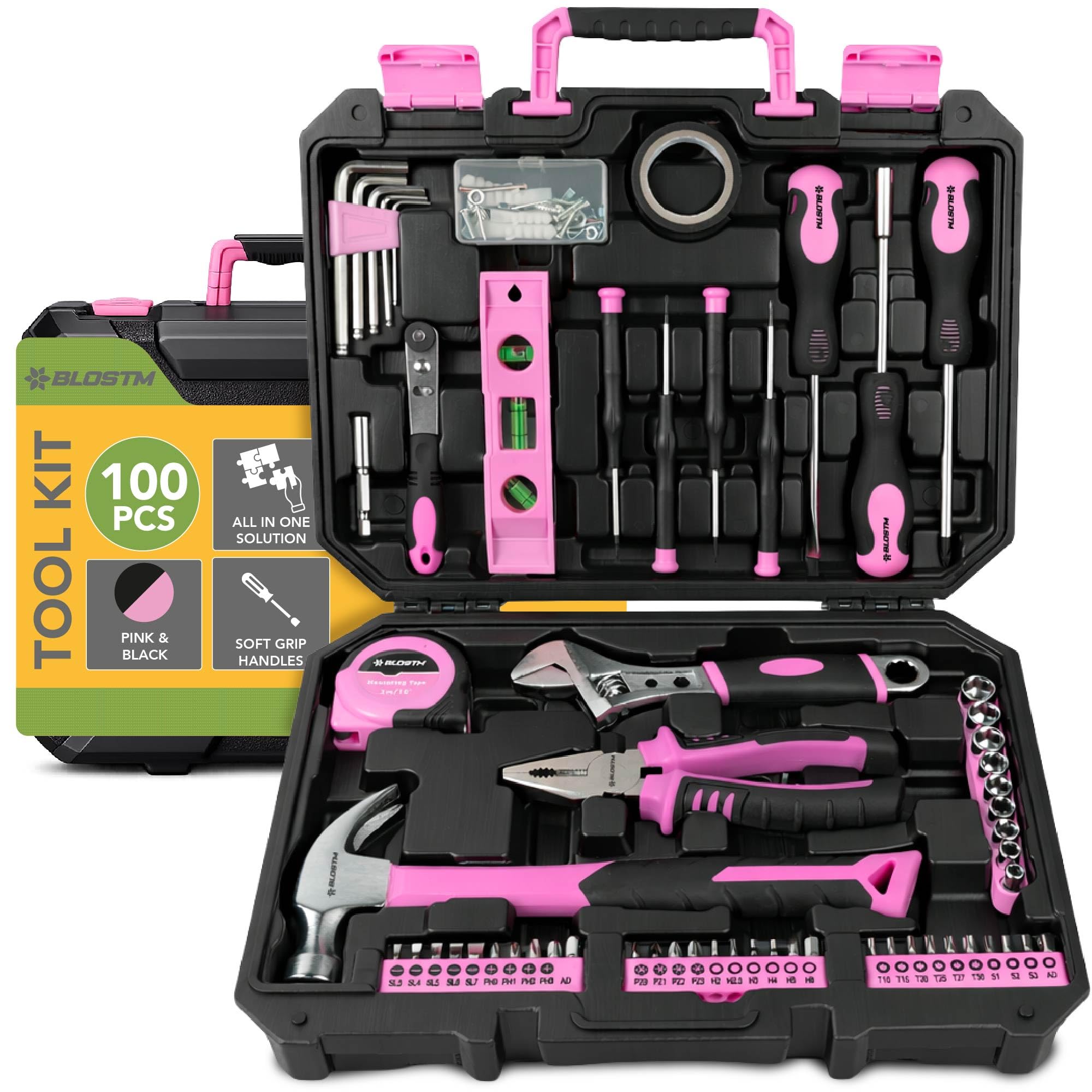 BLOSTM 100 Piece Pink Tool Kit - Home Tool Set With Essential Hand Tools for DIY Projects, Household Repairs - Portable Plastic Tool Box with Hammer, Pliers, Screwdrivers, Hex Keys & More (Pink/Black)
