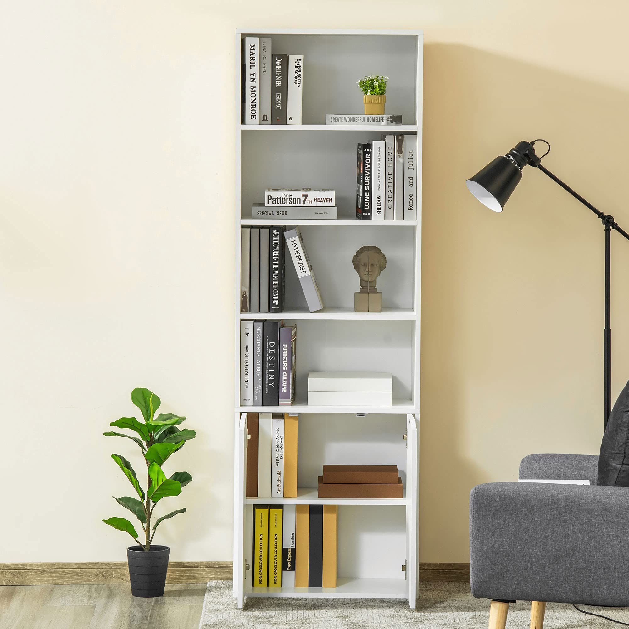 HOMCOM Estantería para Libros de 6 Niveles, Librería con 2 Puertas, 4 Estantes Abiertos, Armario Alto para Salón, Estudio, Oficina, 59x29x180 cm, Blanco