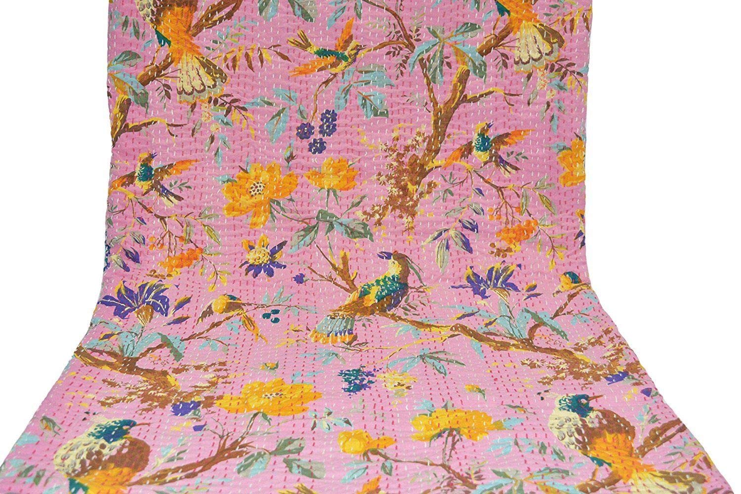 Couvre-lit indien coton Kantha rose pour grand lit difficile à border