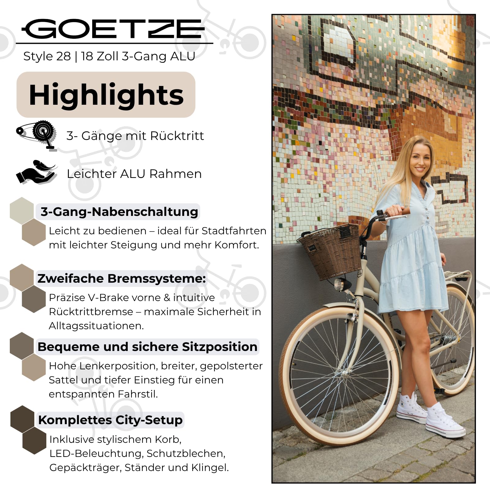 Goetze Style 28 Zoll Damen Citybike, 18 Zoll Tiefeinsteiger Aluminiumrahmen, 3-Gang Nabenschaltung, Rücktrittbremse, V-Bremse, LED-Beleuchtung, Rattankorb, Komfortsattel, mit Ständer & Klingel