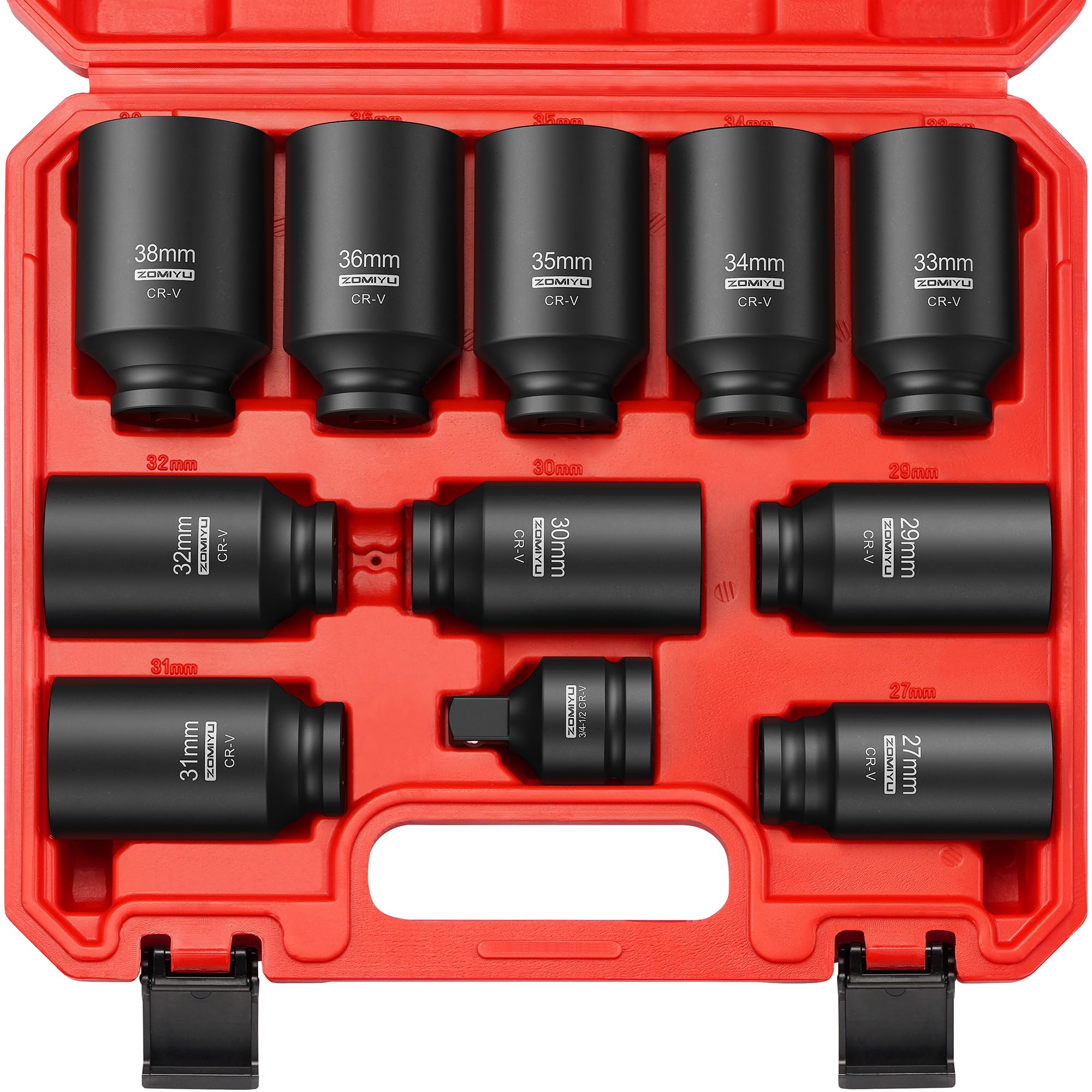 ZOMIYU 1/2" Drive Socket Set, Metric Impact Socket Set (27 29 30 31 32 33 34 35 36 38mm), 6 Point Deep Impact Sockets with 3/4" F to 1/2" M Reducer-11 PCS