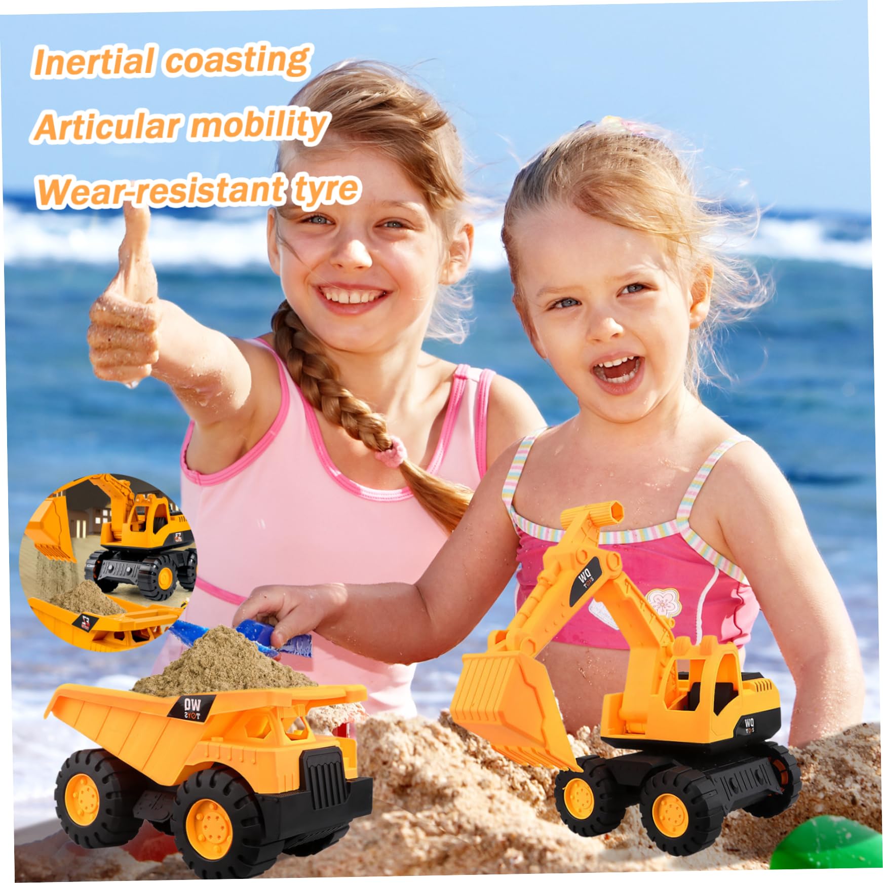 Lot de 3 Voitures Jouets Robustes à Bords Lisses pour Sable de Plage avec pièces Mobiles - Voitures Construction Orange à inertie Comprenant Une Pelle, Un Bulldozer et Un Camion (Grand)