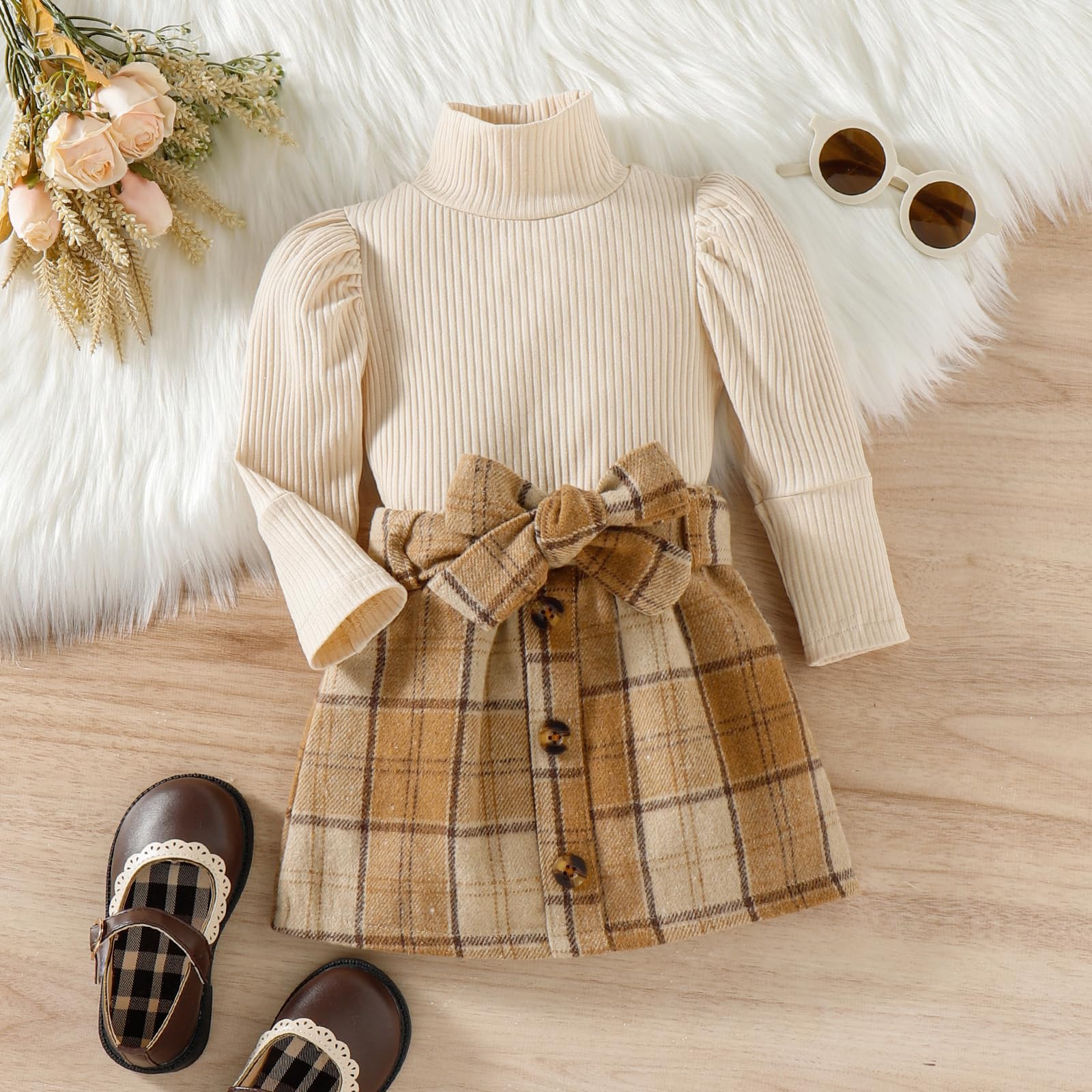 AMAWMW Ropa de otoño e invierno para niña, camisa de manga larga con volantes, mini falda de pana, vestido acampanado para niña