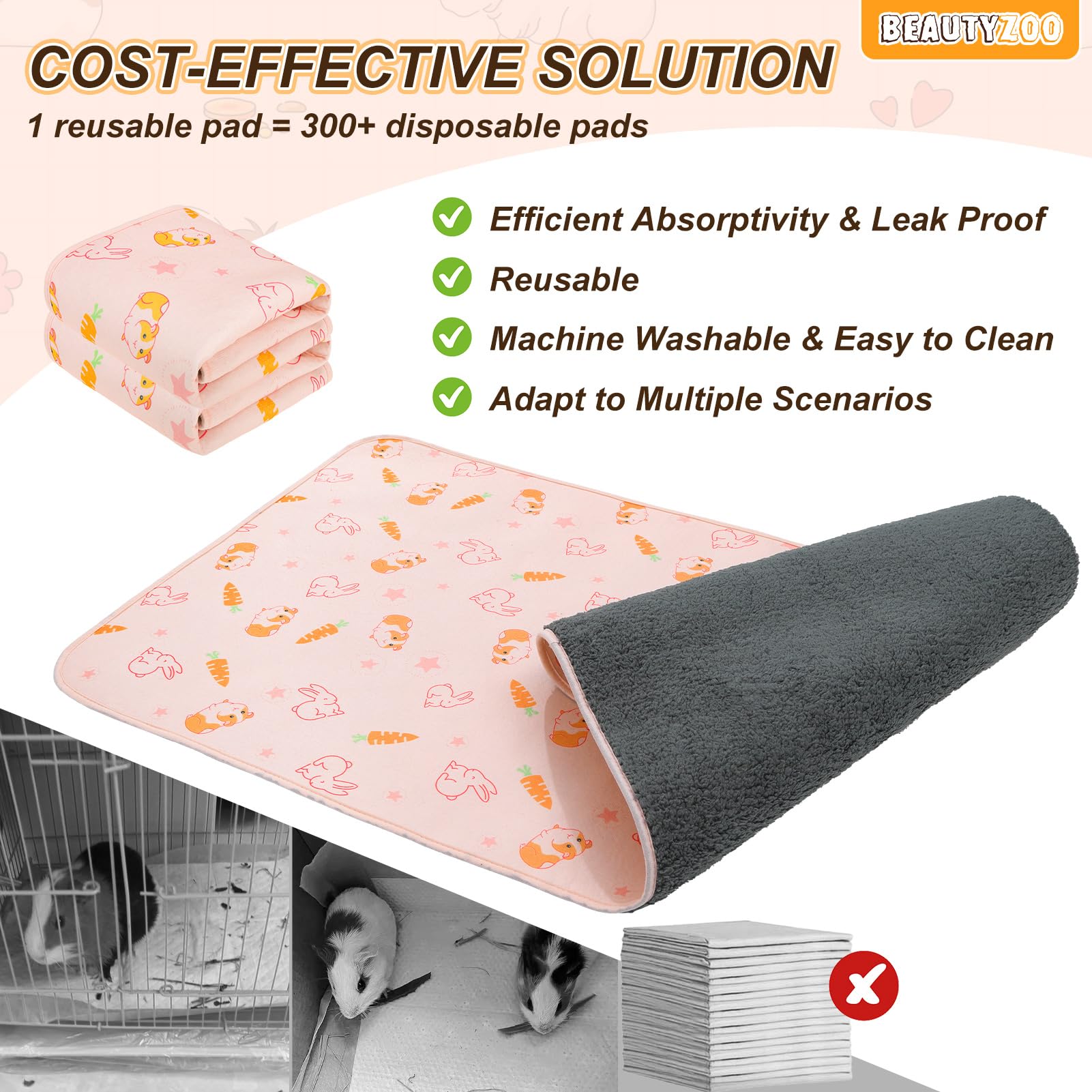 BEAUTYZOO Waschbare Urinierunterlagen für Meerschweinchen, 40,6 x 61 cm, wiederverwendbare Käfigeinlagen, doppelseitig, weiche Fleece-Bettwäsche, saugfähige Matte für Kleintiere, Kaninchen, Hamster