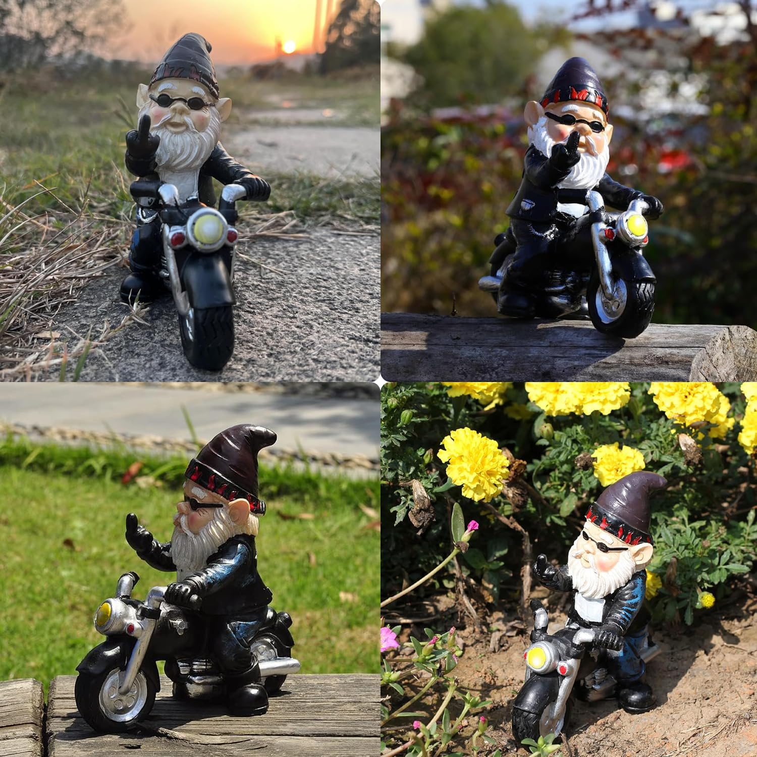 Ozdoby Ogrodowe Krasnale, Ozdoby Ogrodowe Skrzaty Motocykliści, zabawny krasnal ogrodowy, dekoracja do tarasu balkonu, stary człowiek z motocyklem, ozdoba z żywicy do domu i biura
