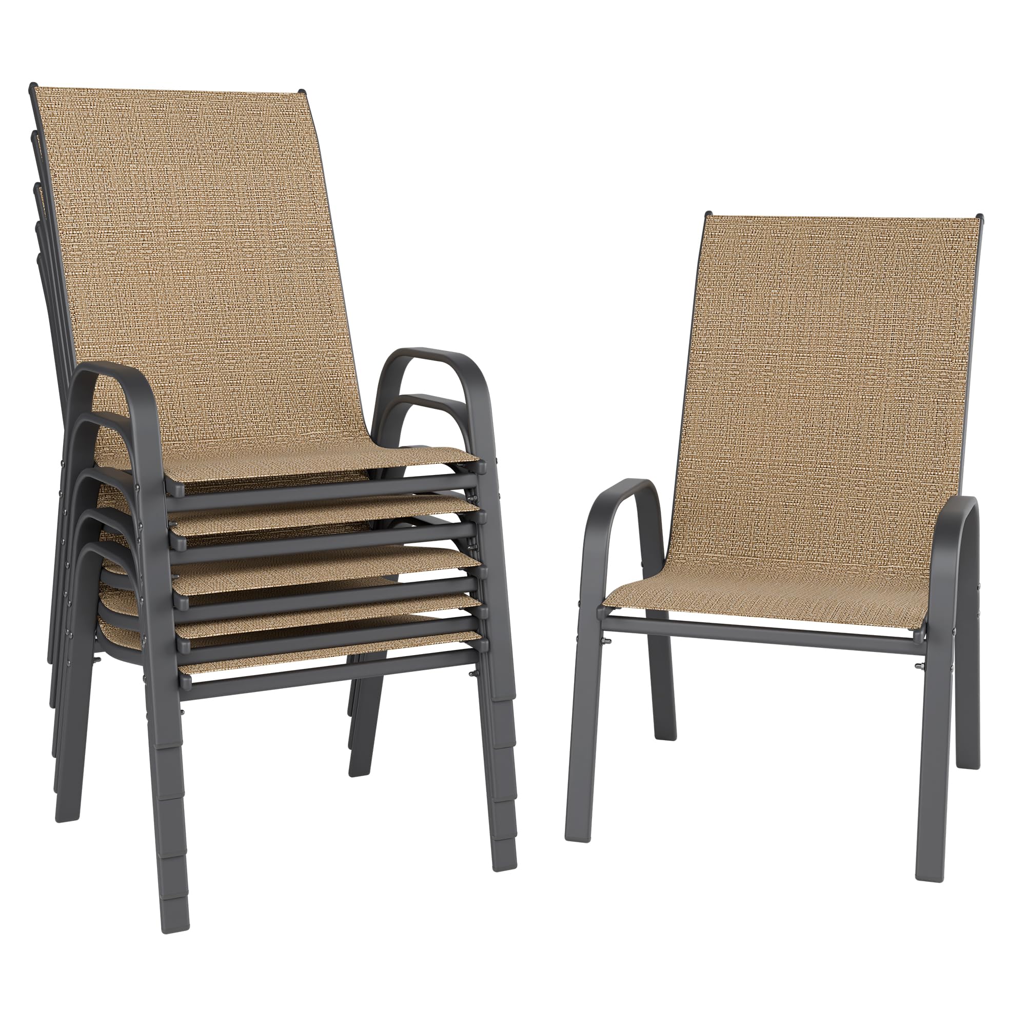 Patio Chairs Set of 6, Outdoor Dining Chairs Stackable for All Weather, Breathable Metal Modern Outside Furniture Chair for Pool Side, Garden, Backyard Deck, Brown