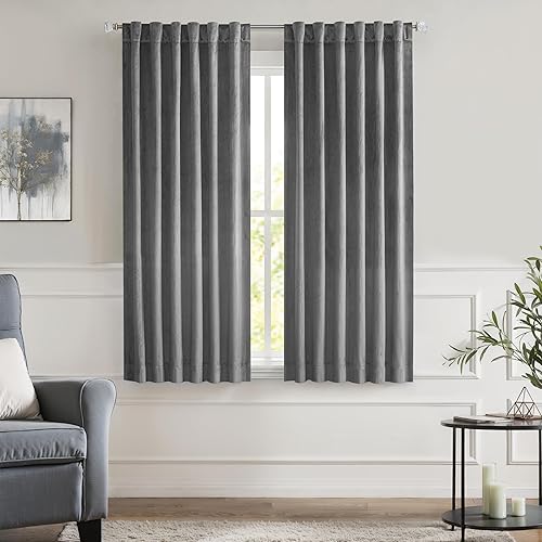 Dark Grey Velvet Blackout Window Curtain Panels Noise Reducing 90% Room Darkening Rod Pocket Back Tab Geometric Embossed Trellis Themal Drapes for Living Room and Bedroom (52" Wx63 L, 2 Panels)