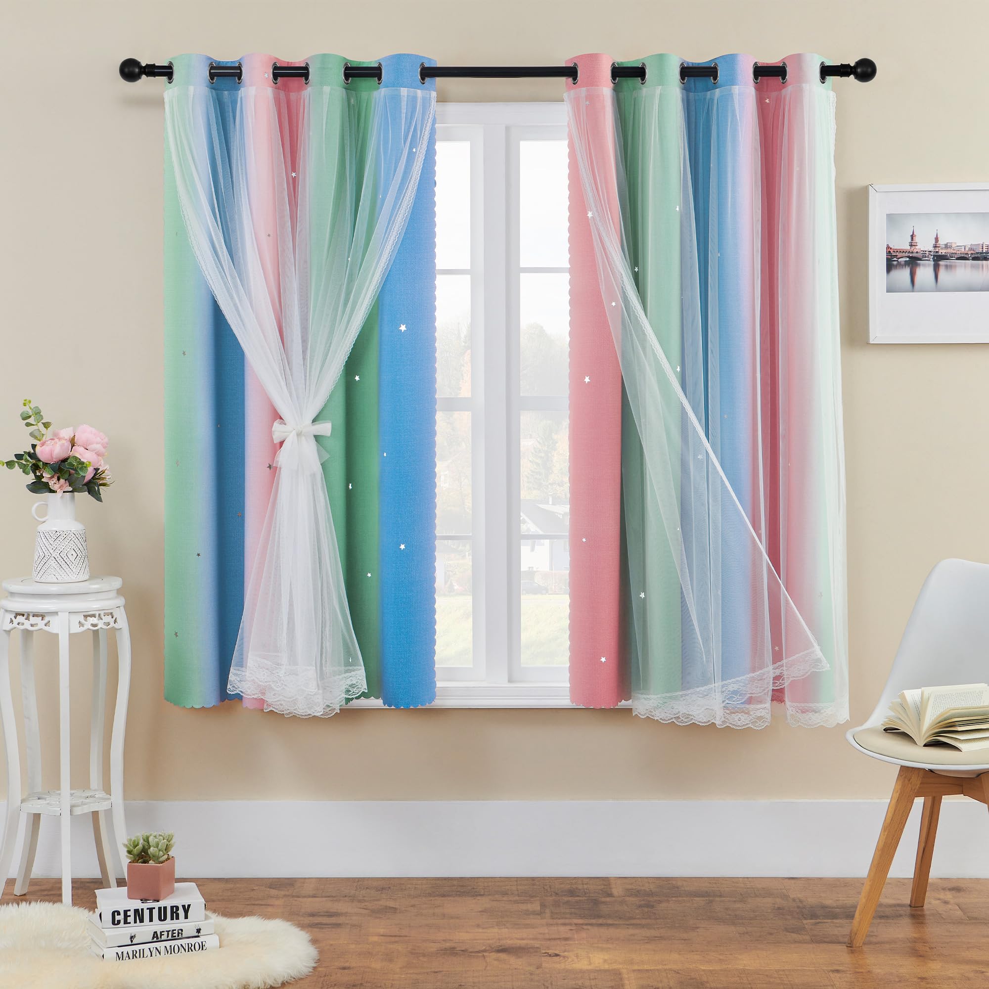 XiDi Curtains for Bedroom Decor, Rainbow Pink GreenBlue52/54/1