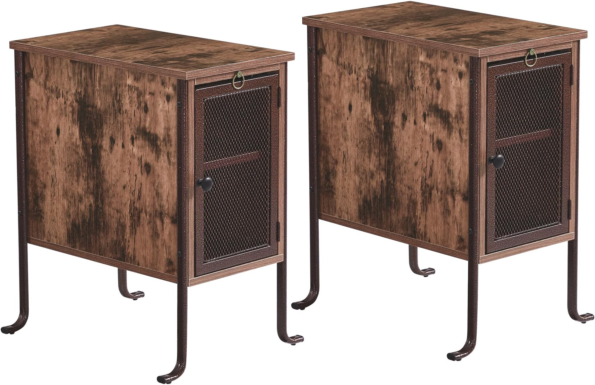 VECELO Narrow Side/End Table Set of 2 with Pull-Out Tray and 2-Tier Storage Shelf, Multifunction Slim Nightstand for Small Spaces/Chairside/Bedside Bedroom, Stable Metal Frame, Rustic, Brown B